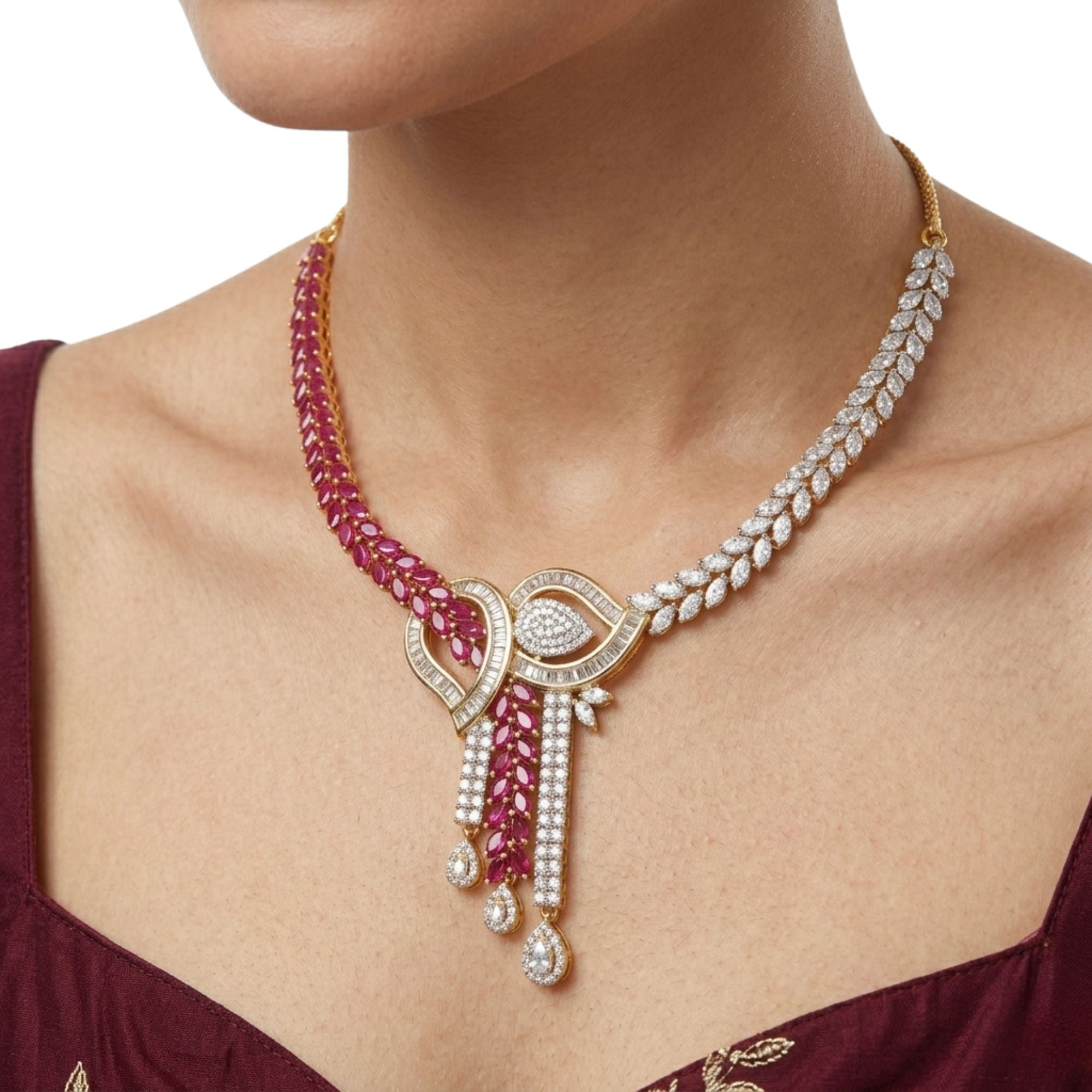 Ruby & CZ Bridal Necklace & Earrings Set | Gold Plated Bollywood Jewellery | Roz Jewellers