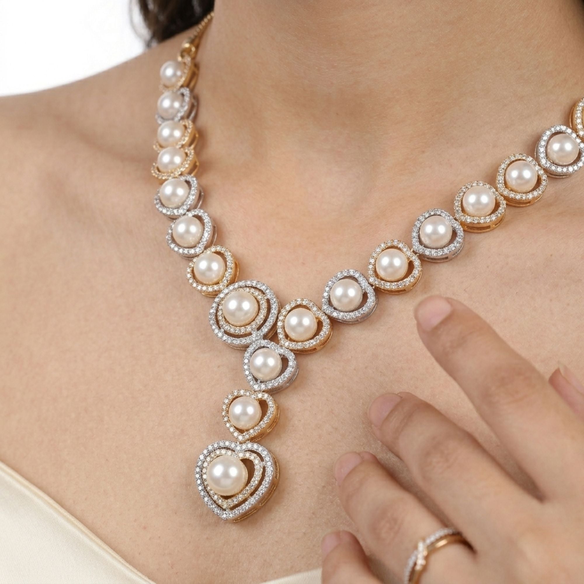 Pearl & CZ Necklace Set for Women with Earrings | Gold-Plated Brass | Modern Heirloom Bridal Jewellery | Indian Ethnic Wedding & Festive Wear | Roz Jewellers