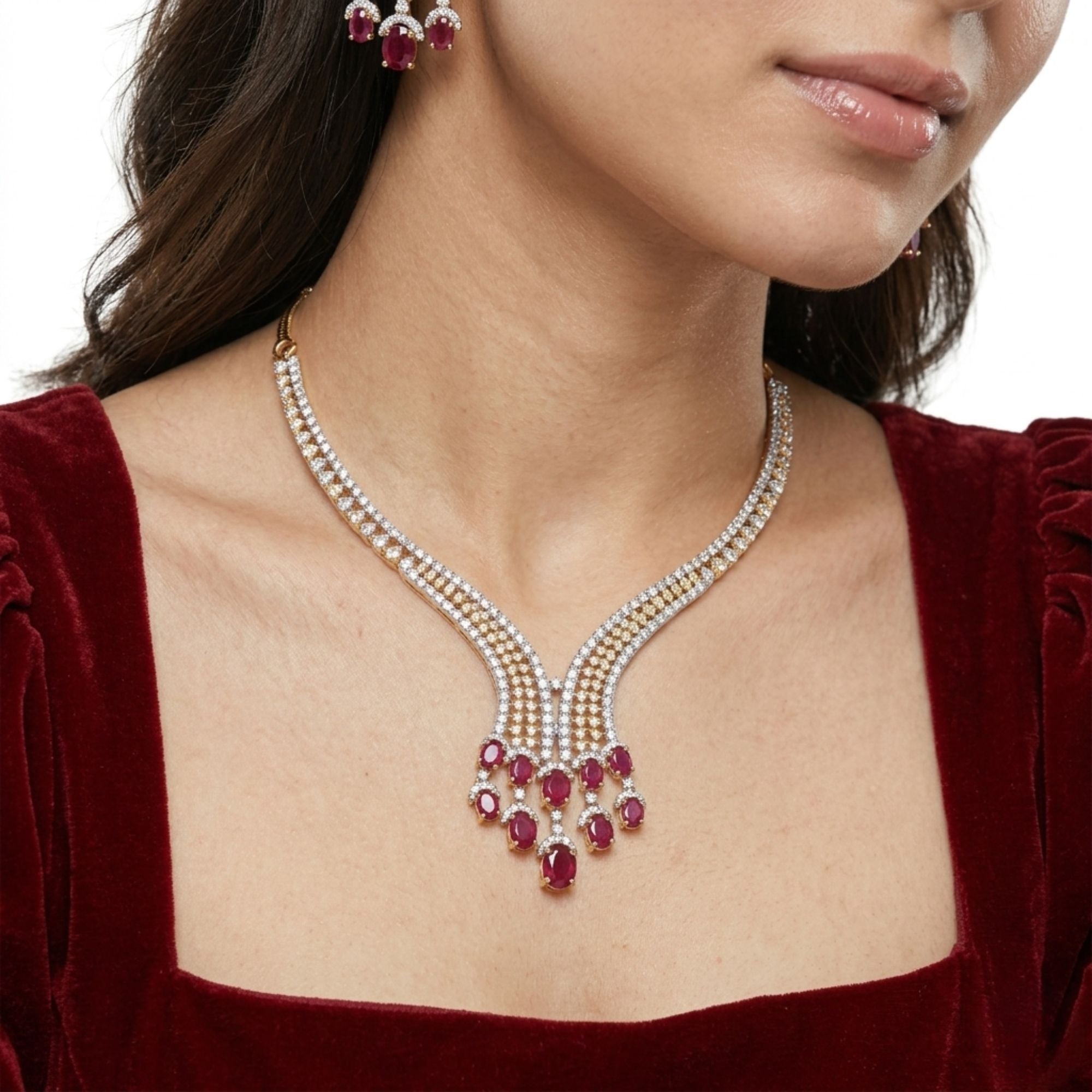 Ruby Red CZ Bridal Necklace & Earrings Set | Wide 6CM Gold-Plated Choker Statement | American Diamond Crystal | Indian Wedding, Reception & Festive Jewellery | Roz Jewellers