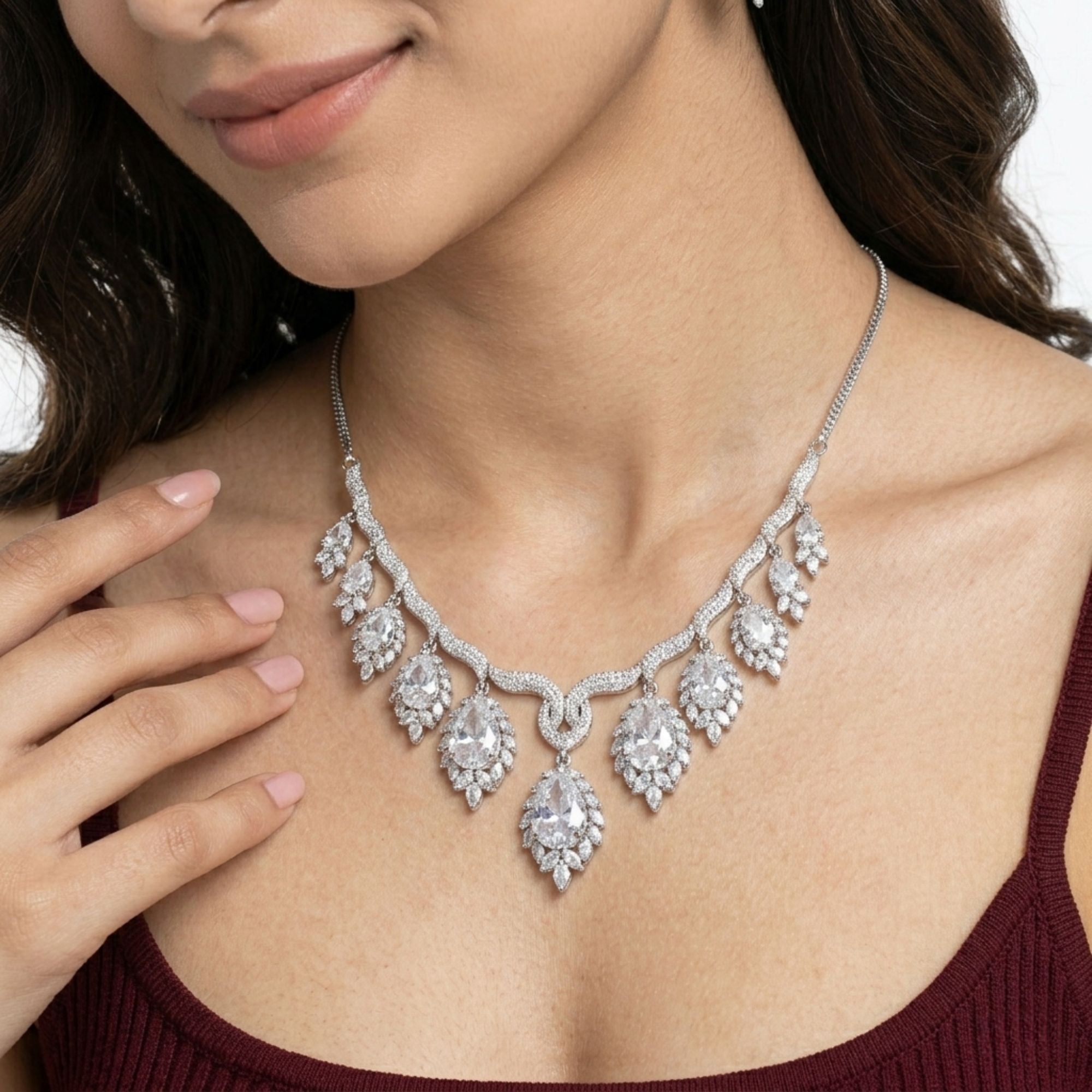White CZ Diamond Look Necklace & Earrings Set | Grand Bridal Statement Jewellery | Gold-Plated Brass | Long 22CM American Diamond | Indian Wedding, Reception & Festive Wear | Roz Jewellers