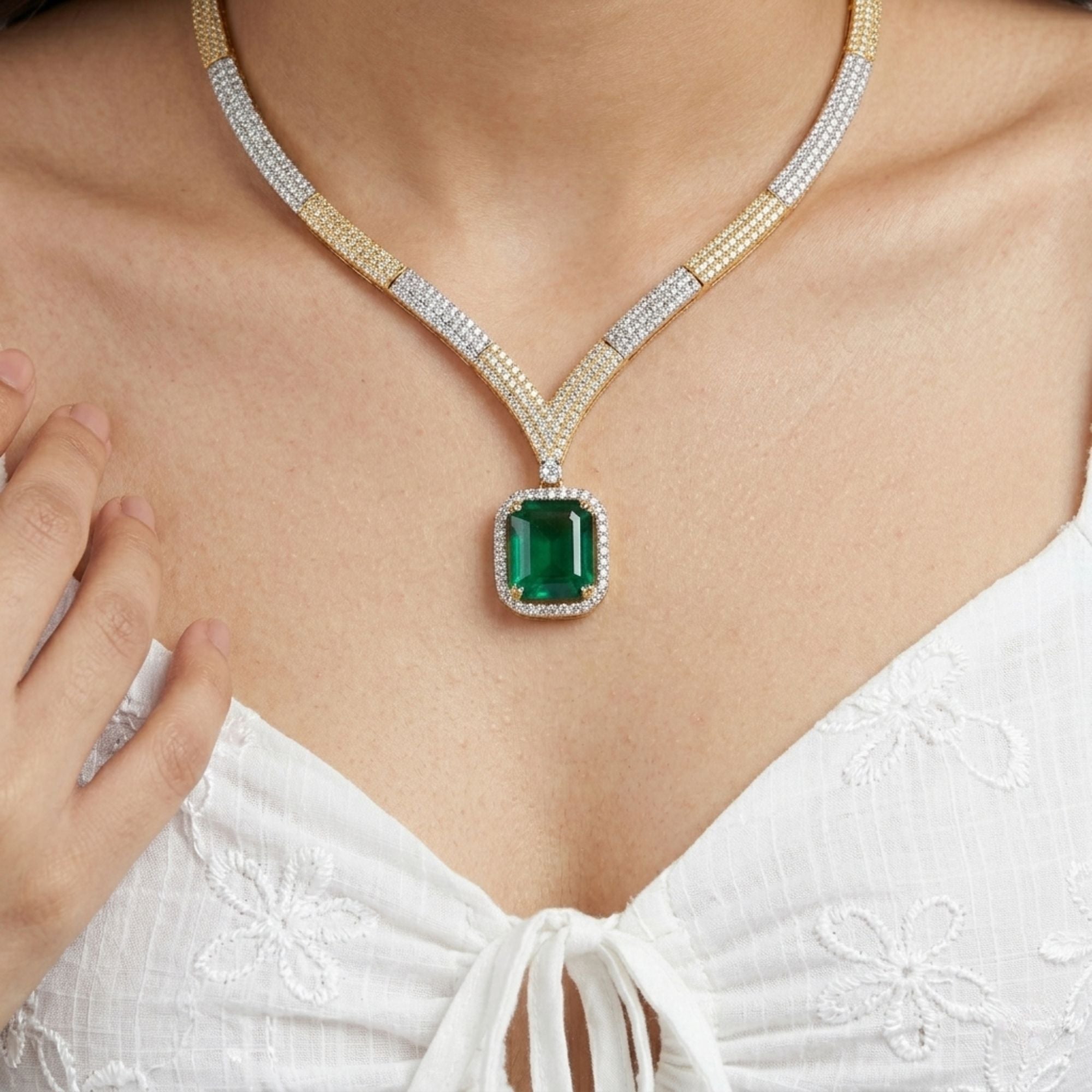 Emerald Green & CZ Necklace Set | Gold Tone Bridal Jewellery | Roz Jewellers