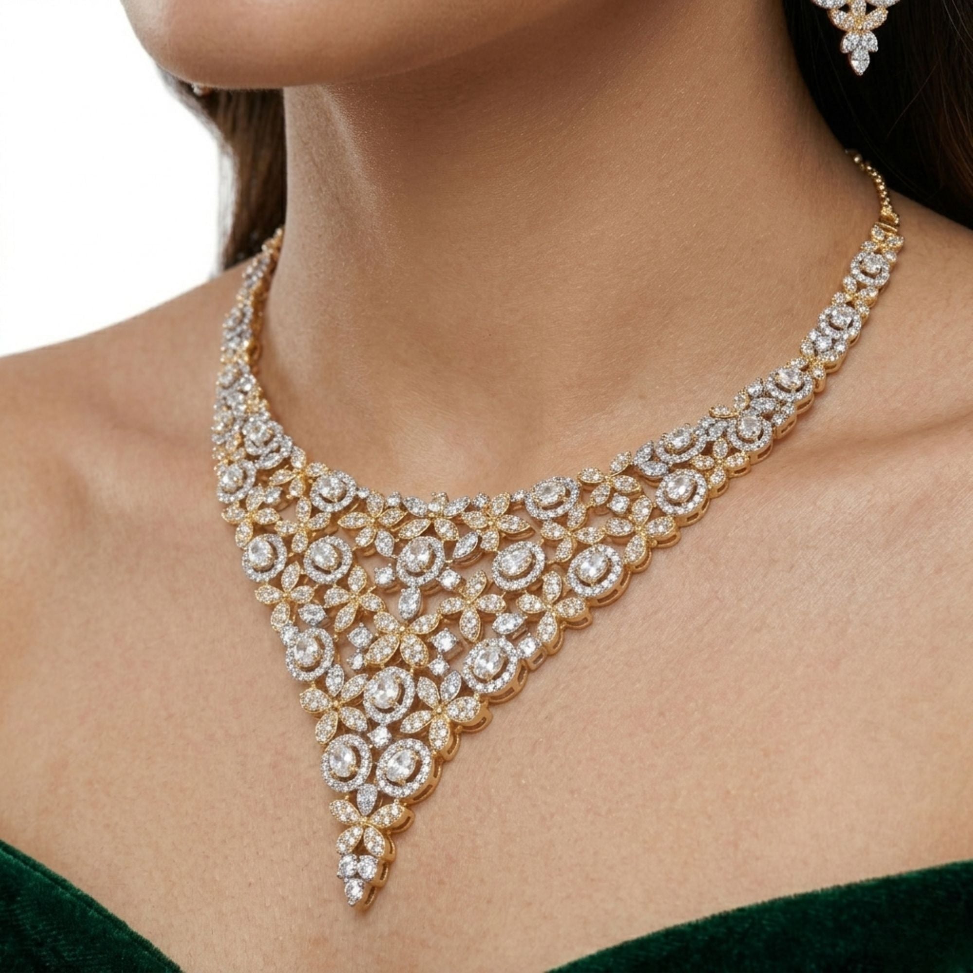Luxury CZ Bridal Necklace & Earrings Set | Art Deco Gold Tone | Antique Style American Diamond | Wedding, Reception & Gala Jewellery | Roz Jewellers