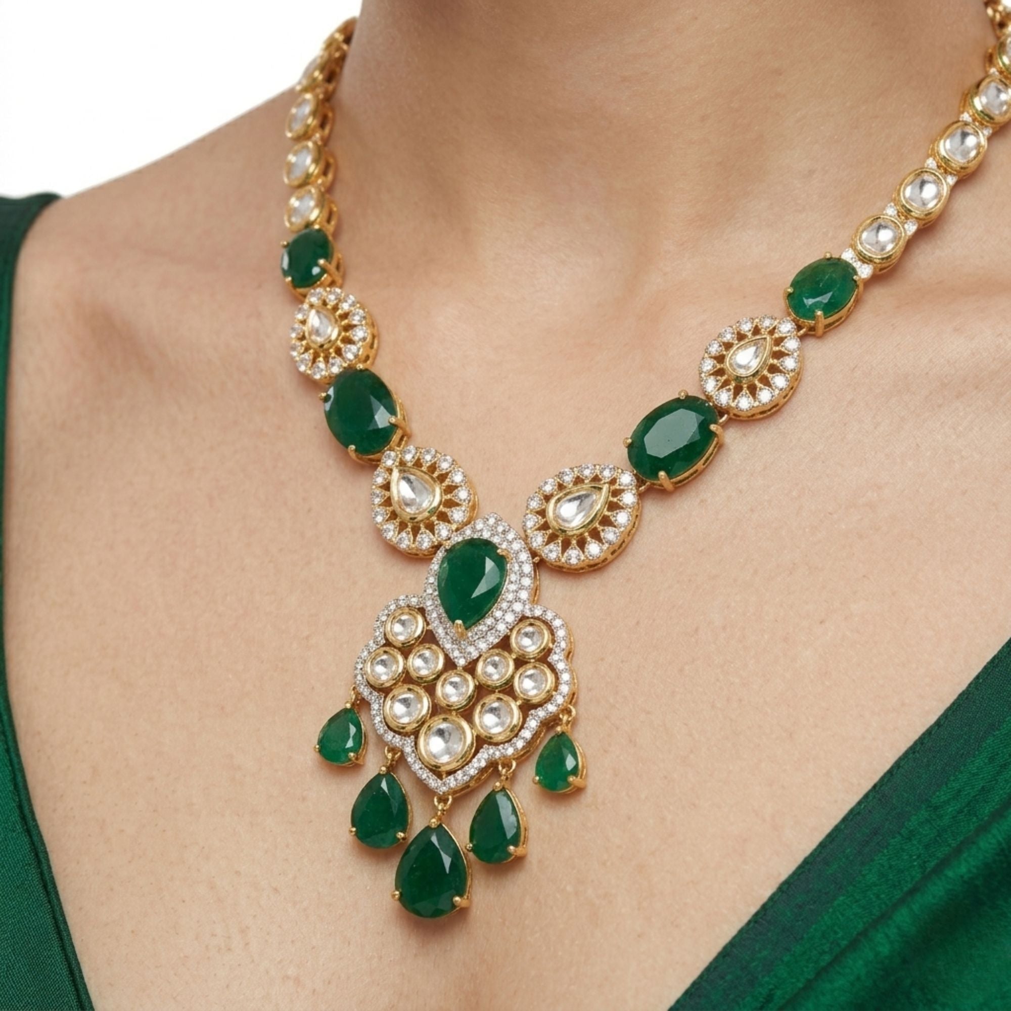 Bollywood Emerald Green & CZ Bridal Necklace Set | Gold-Plated Brass | American Diamond Halo | Indian Wedding & Festive Jewellery | Roz Jewellers