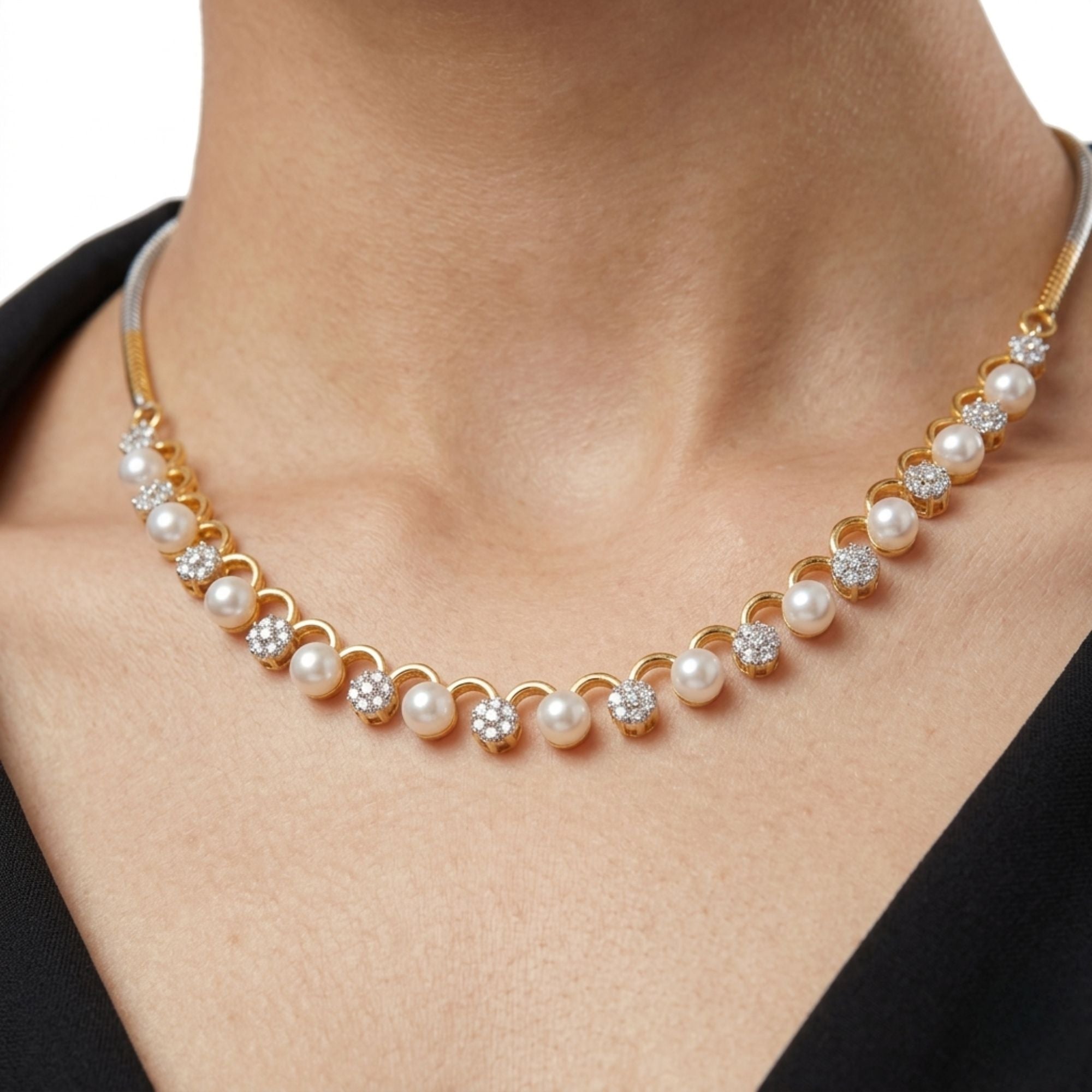 White Pearl Necklace & Earrings Set | Gold-Plated Brass | Minimal Classic Design | Daily Wear, Ethnic & Festive Occasion Jewellery for Women | Roz Jewellers