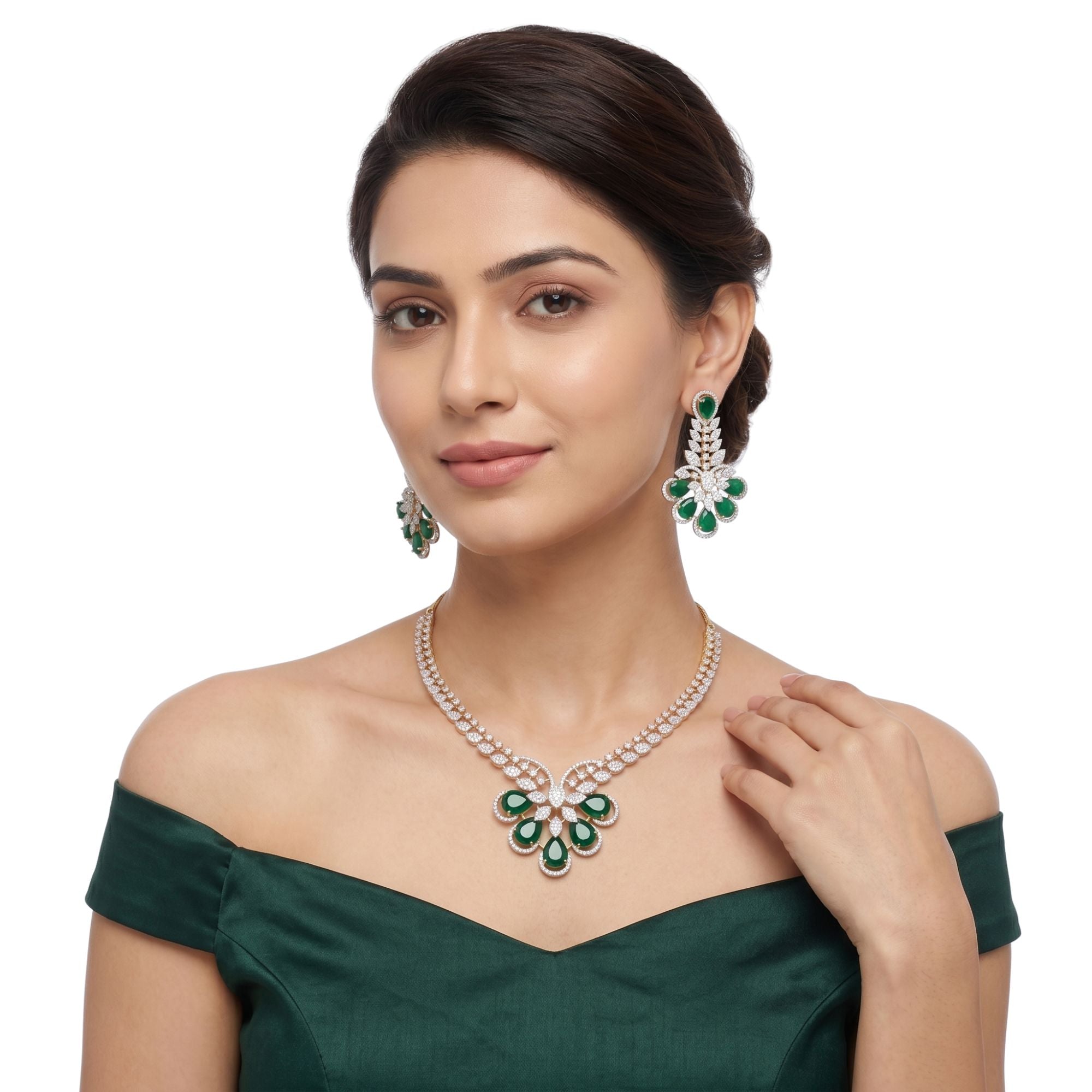 Royal Emerald Green & CZ Bridal Necklace Set | Gold Plated Teardrop Jewellery | Roz Jewellers