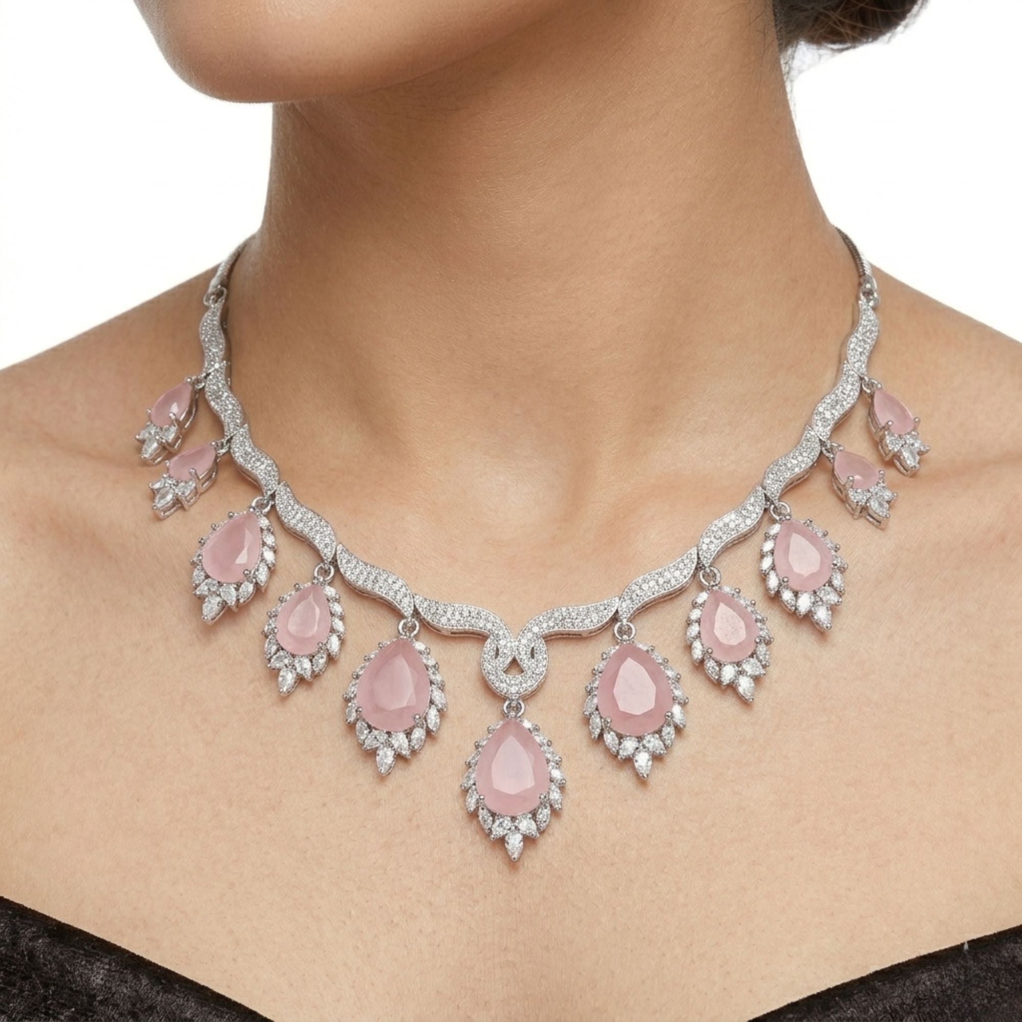 Pink Crystal & CZ Necklace Set | Gold Plated Party Jewellery | Roz Jewellers