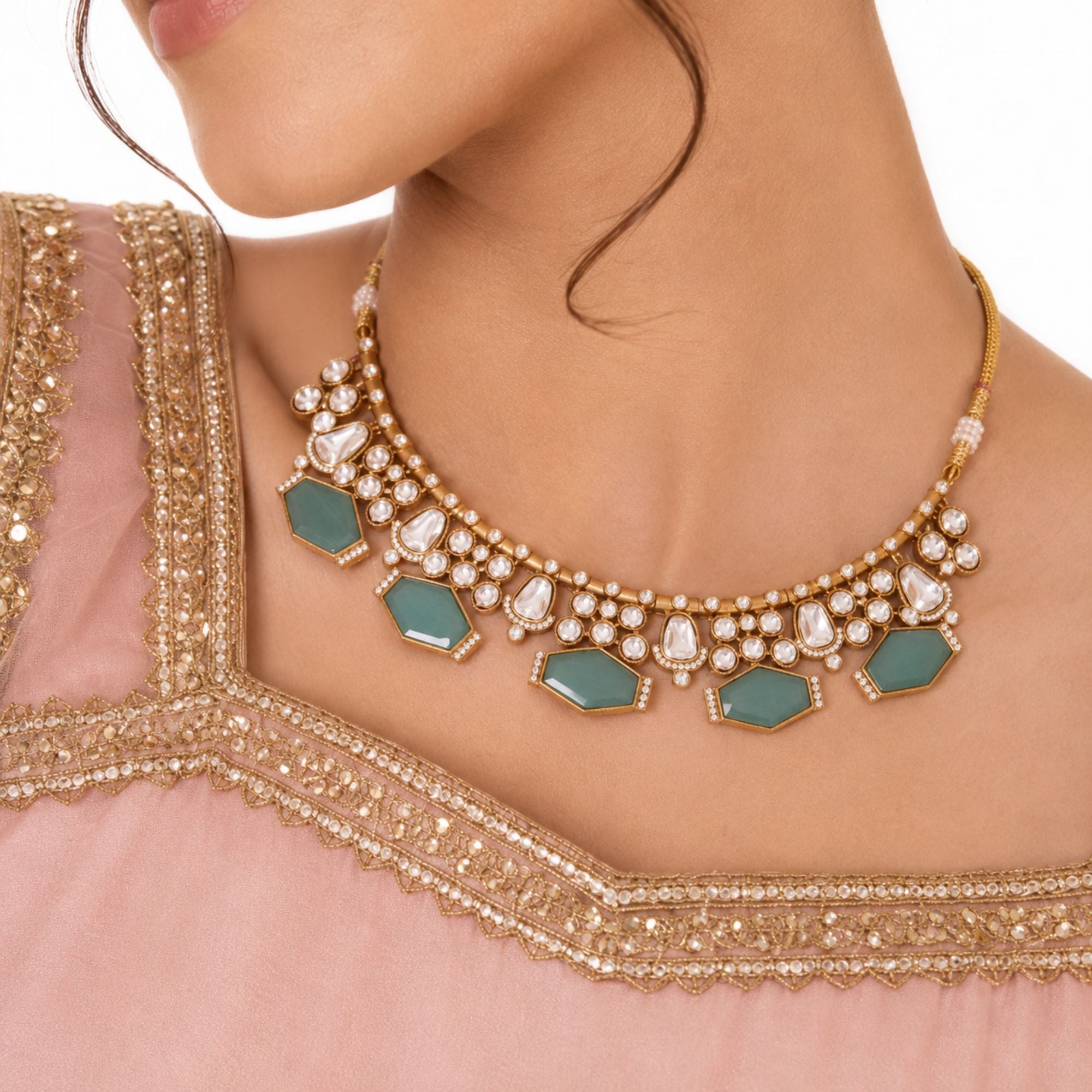 Nazakat Mint Kundan Necklace Set