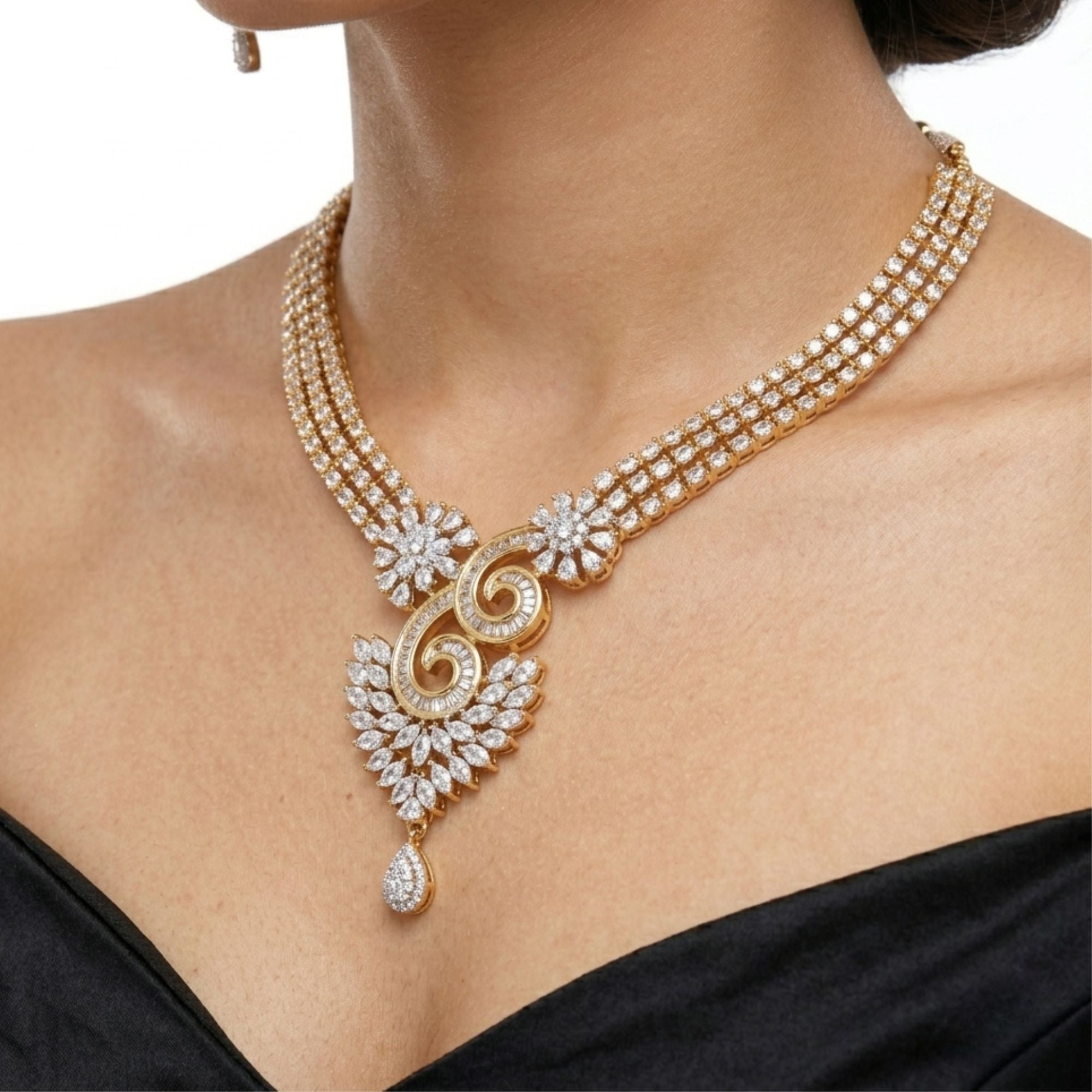 Gold-Plated Cubic Zirconia Necklace & Earrings Set | American Diamond Statement Jewellery | Brass | Ethnic & Party Wear | Roz Jewellers