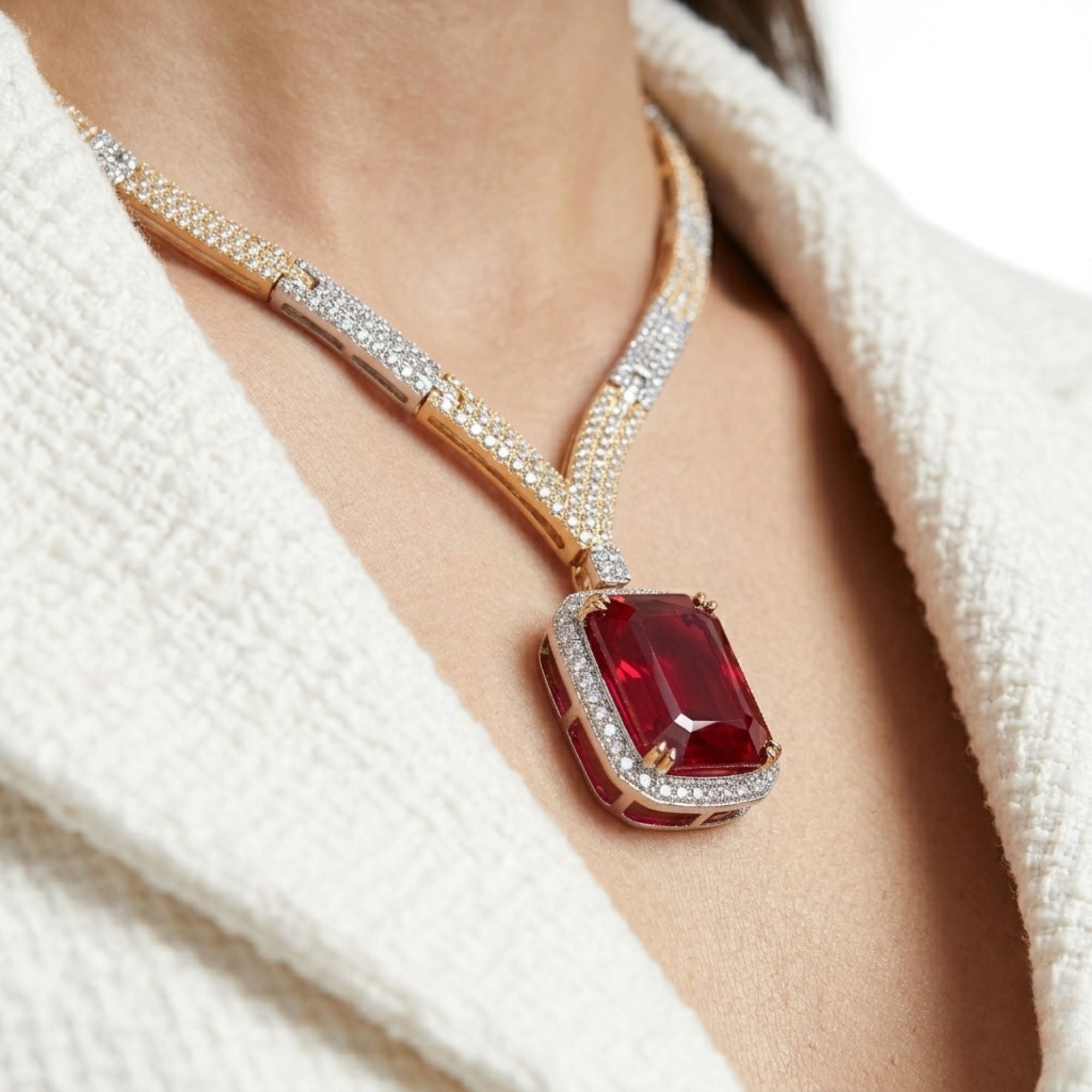 Ruby Red Stone Necklace & Earrings Set | Slim Gold-Plated Brass | Minimal Elegant Design | Daily Wear, Wedding Guest & Festive Jewellery for Women | Roz Jewellers