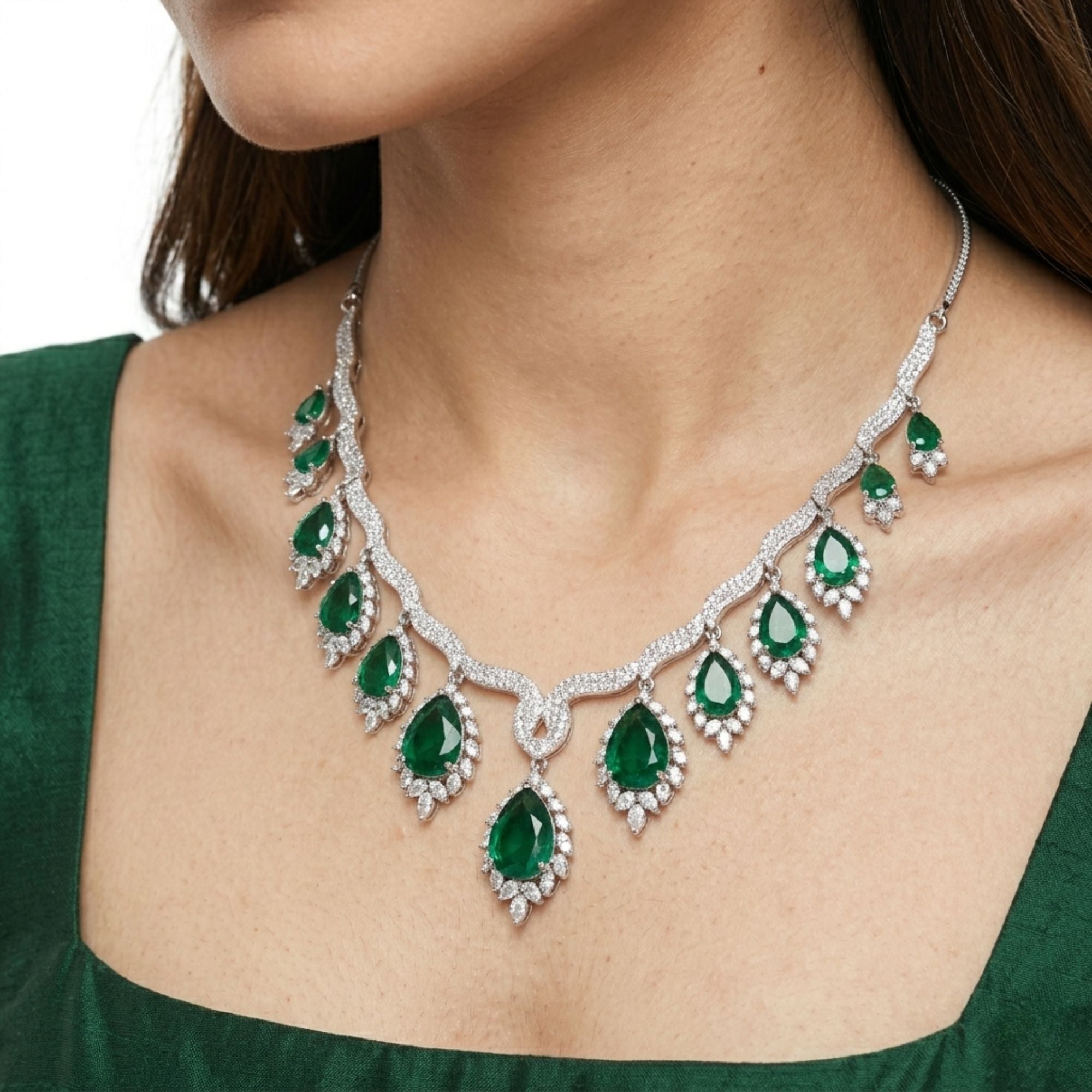 Emerald Green CZ Necklace & Earrings Set | American Diamond Royal Bridal Statement Jewellery | Gold-Plated Brass | Long 22CM | Indian Wedding, Reception & Festive Wear | Roz Jewellers
