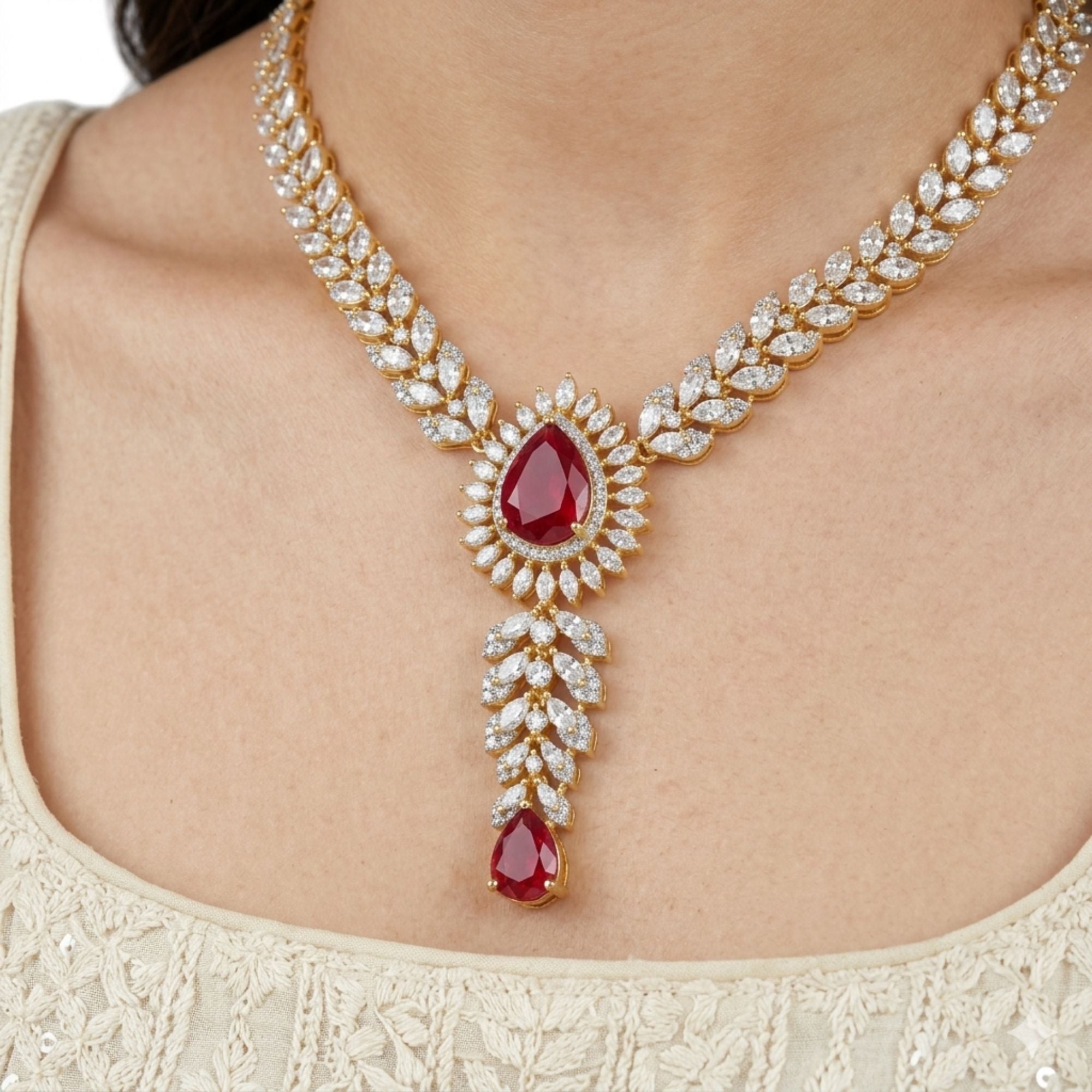Ruby Red Stone Necklace & Earrings Set | Gold-Plated Brass | Bold Bridal & Wedding Statement Jewellery | Indian Ethnic Reception & Festive Wear | Roz Jewellers