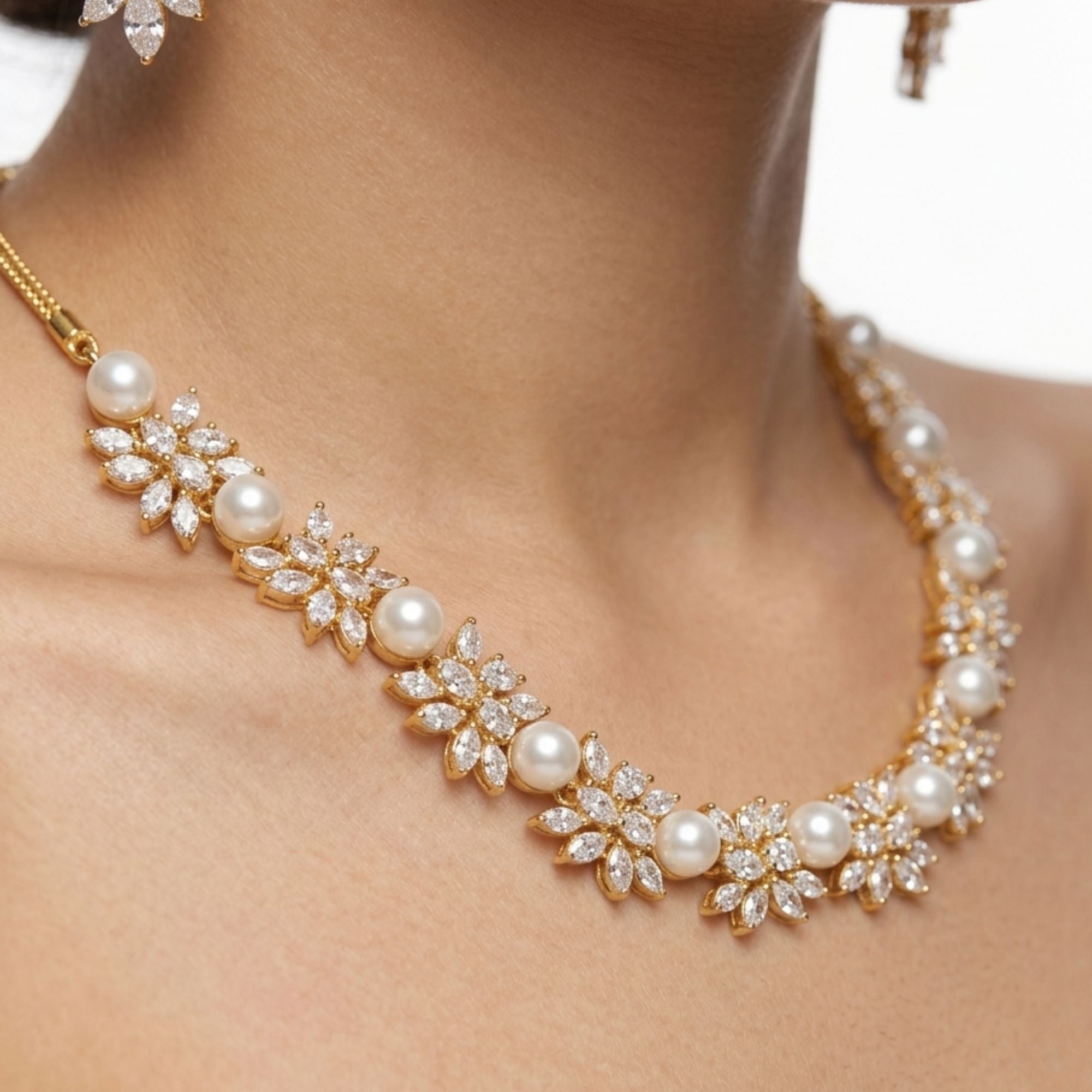 Bridal Pearl & CZ Necklace Set with Earrings | Short Gold-Plated Choker Style | Modern Heirloom | Indian Wedding, Reception & Festive Jewellery | Roz Jewellers