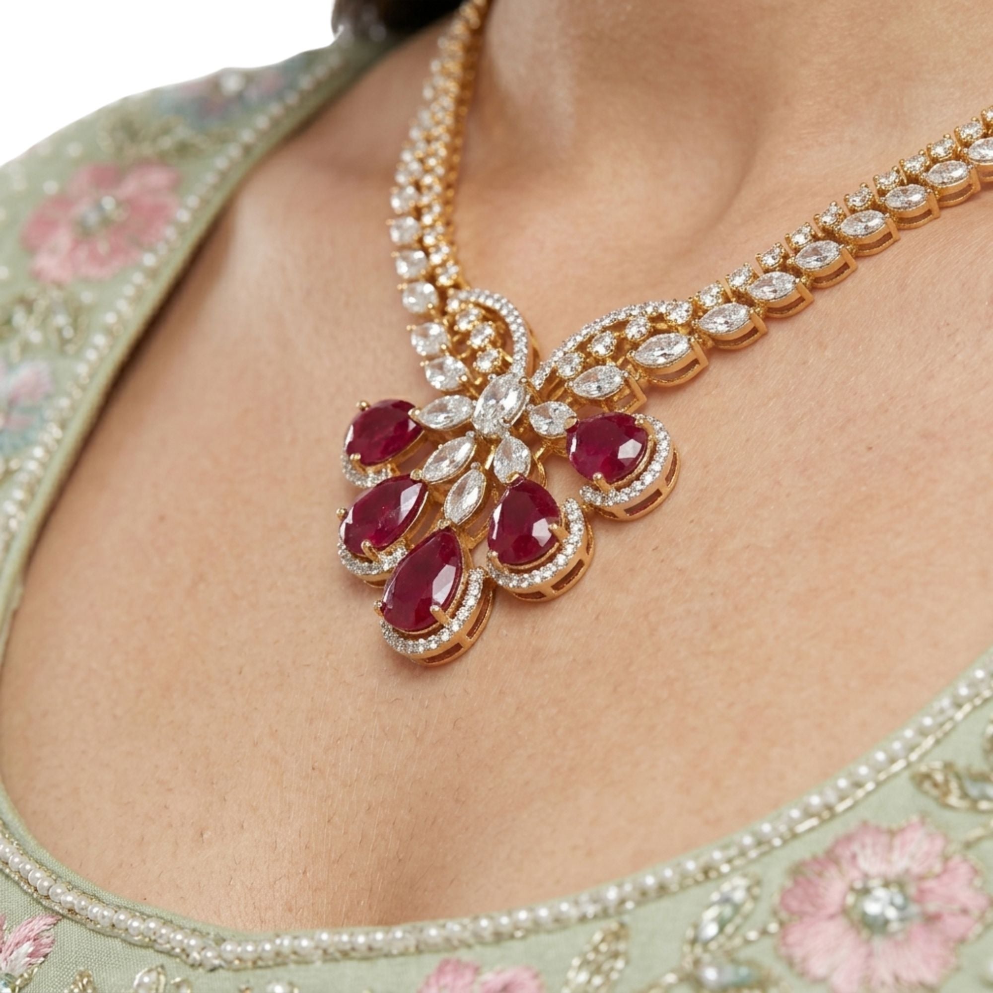Ruby Red & CZ Crystal Bridal Necklace Set with Statement Earrings | Gold-Plated Brass | Indian Wedding, Reception & Festive Jewellery | Roz Jewellers