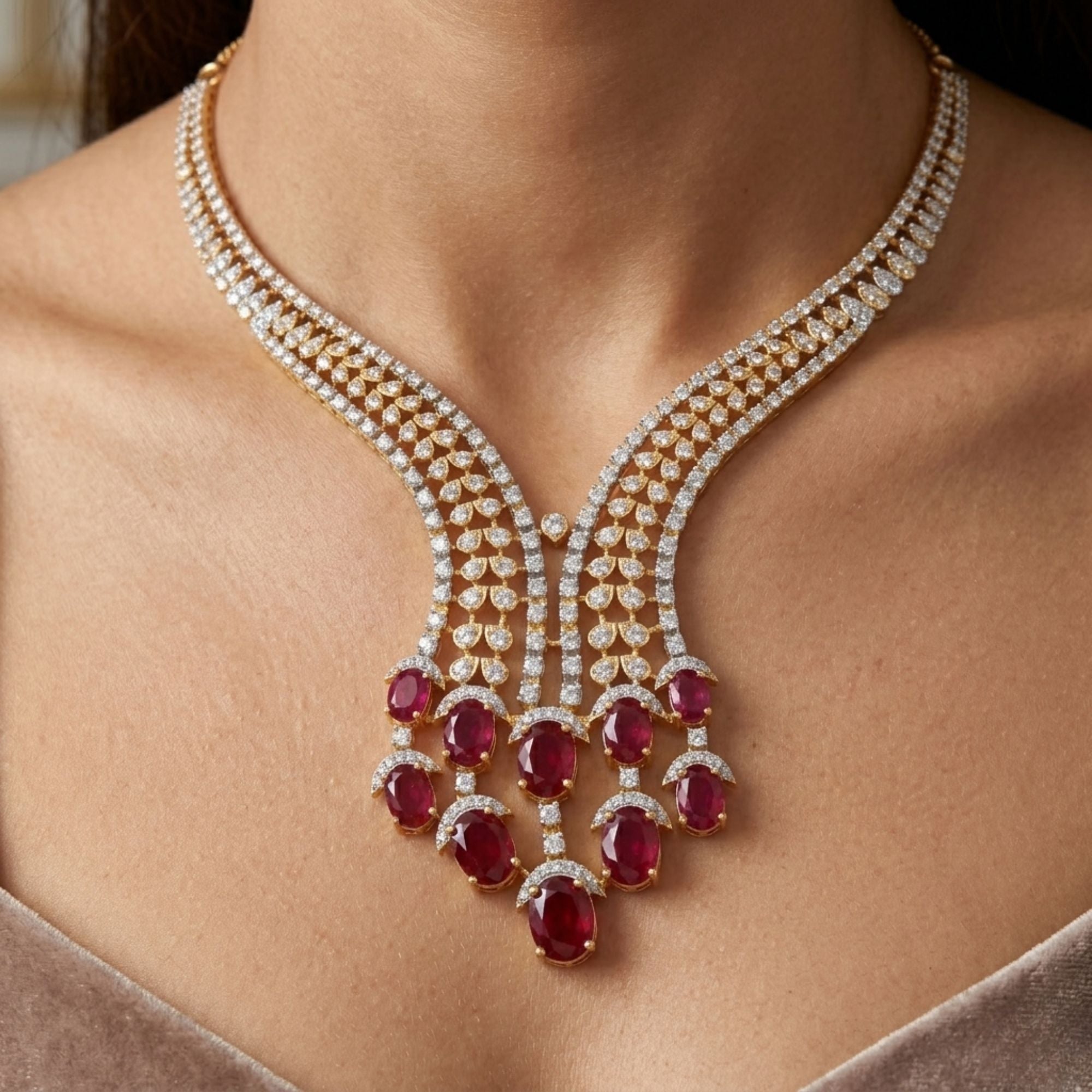Indian Ruby Stone Necklace & Earrings Set | Gold Tone Bridal Jewellery | Roz Jewellers