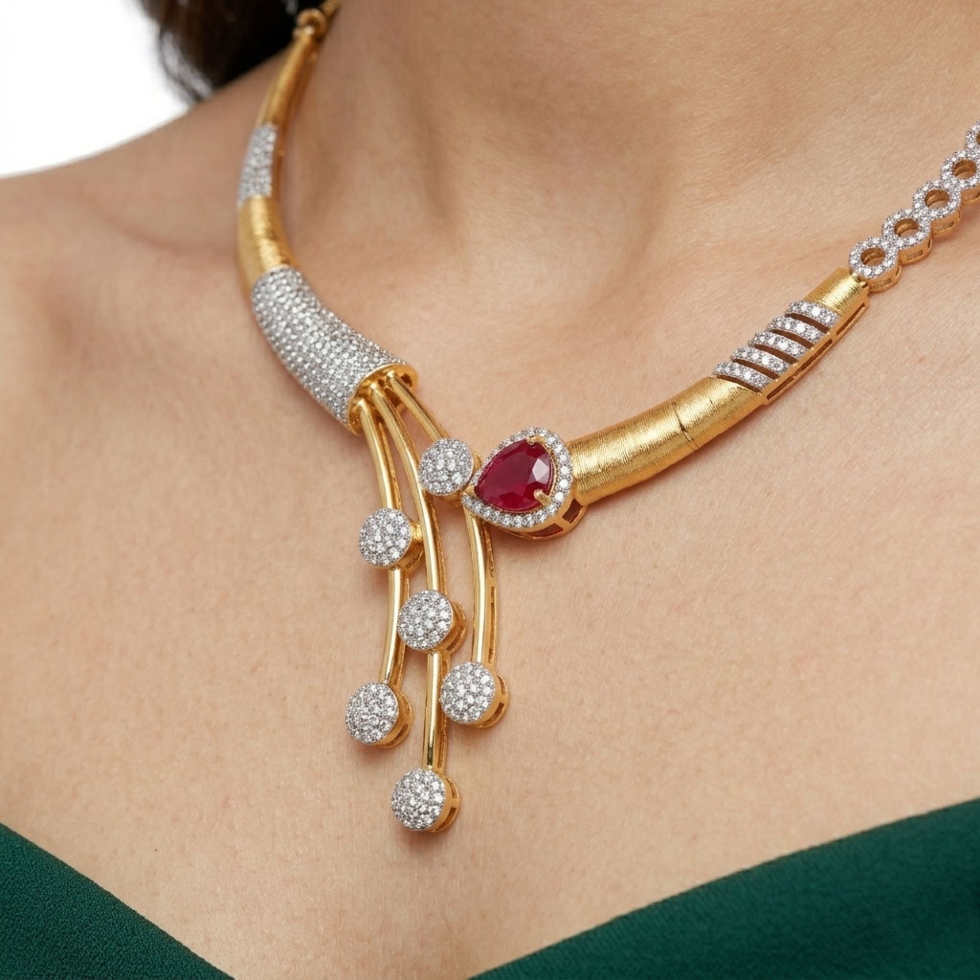 Modern Ruby & CZ Teardrop Necklace Set | Gold Tone Brass | American Diamond Simulant | Ethnic Party & Festive Wear | Roz Jewellers