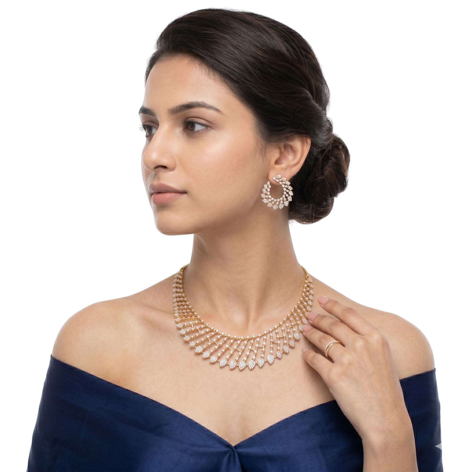 Cubic Zirconia Necklace & Earrings Set | Gold Tone Bridal Jewellery | Roz Jewellers