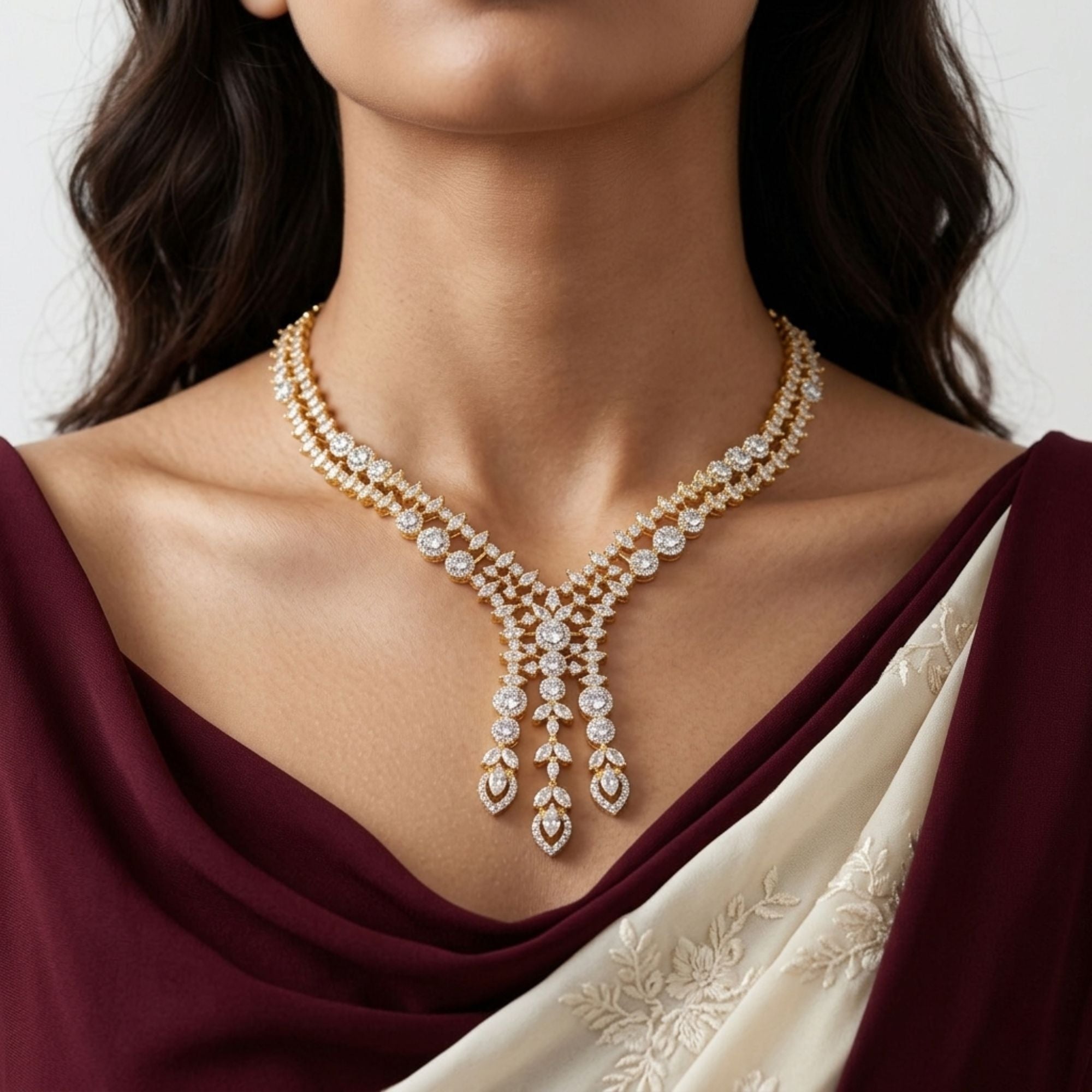 Classic White CZ Bridal Necklace & Earrings Set | Widest Diamond Look | 7CM Gold-Plated Broad Statement Jewellery | American Diamond | Indian Wedding & Reception Wear | Roz Jewellers