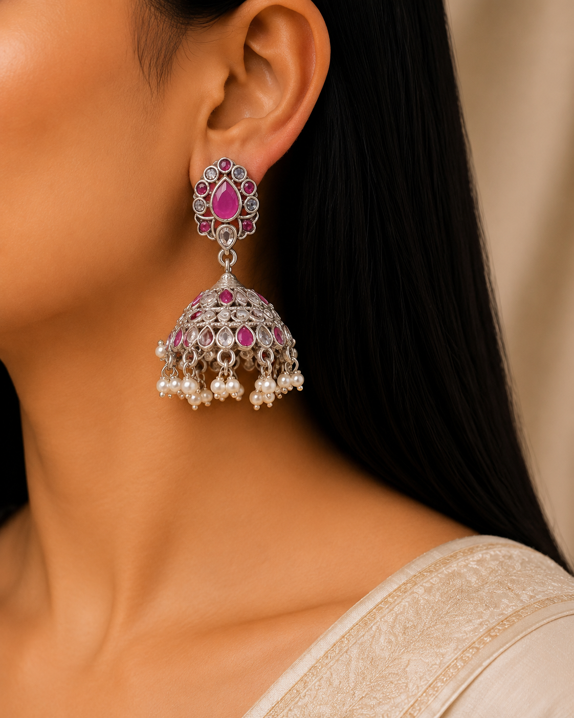 Royal Kundan Silver Jhumki Earrings with Pearl Drops Roz Jewellers.