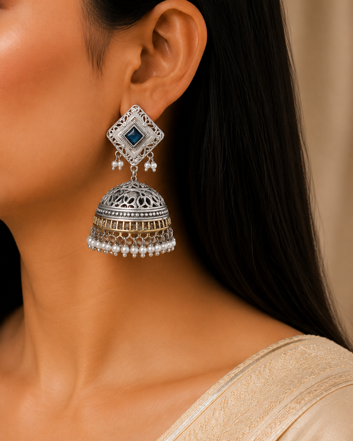 Navy Blue Square Oxidized Kundan Silver Jhumka Earrings with Pearl Fringe Roz Jeweller.