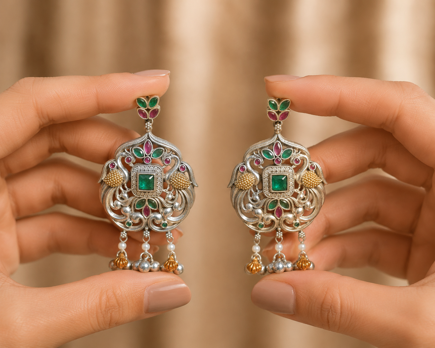 Royal Heritage Bird Motif Oxidize Kundan Chandelier Earrings with Emerald Roz Jeweller.