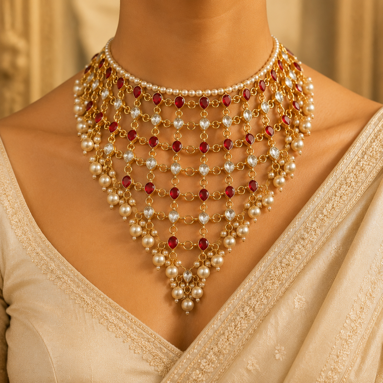 Arfa Pakistani Bridal Layered Ruby Kundan Pearl Choker Necklace Set Roz Jeweller