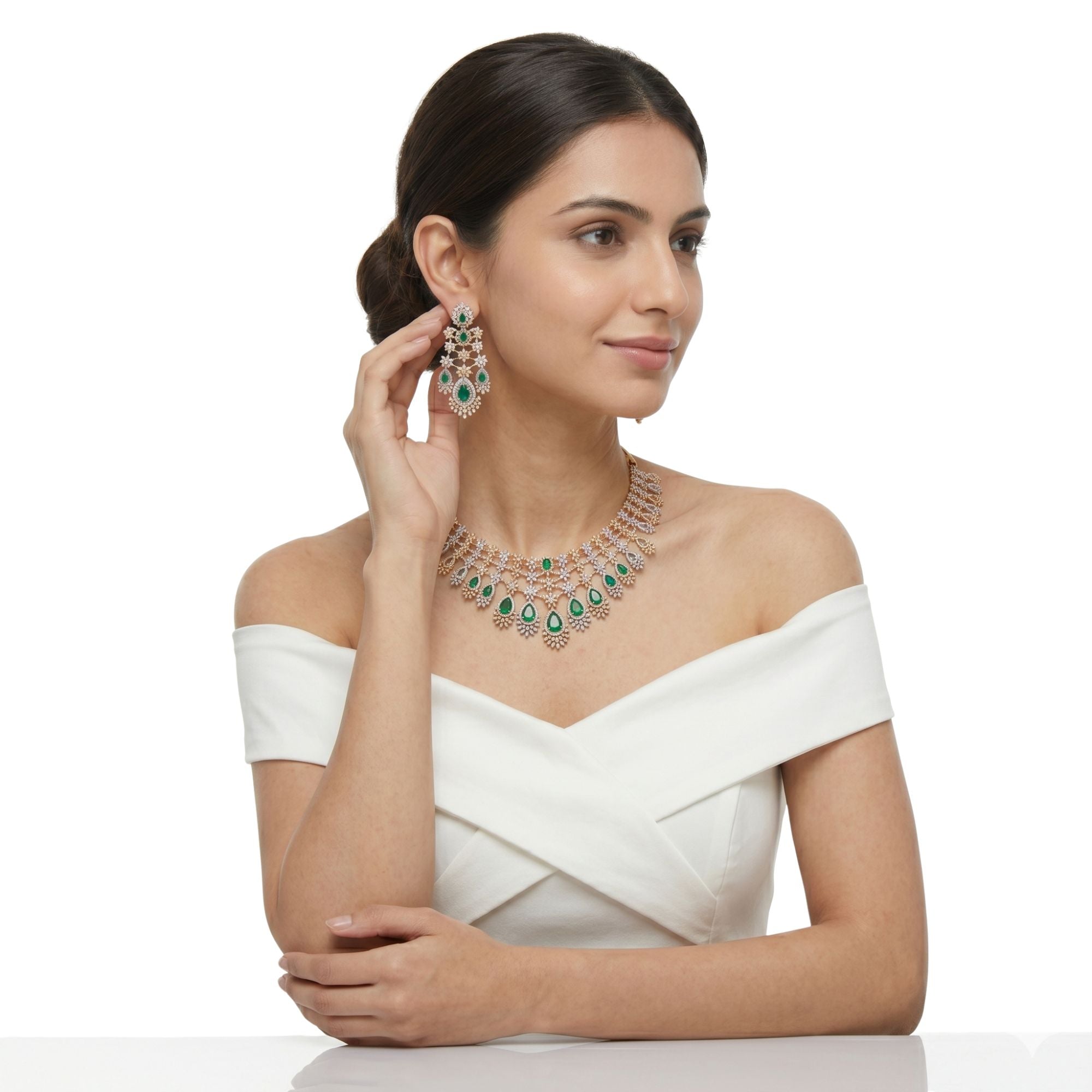 Emerald Green Stone Necklace Set | Gold Plated Bridal Jewellery | Roz Jewellers