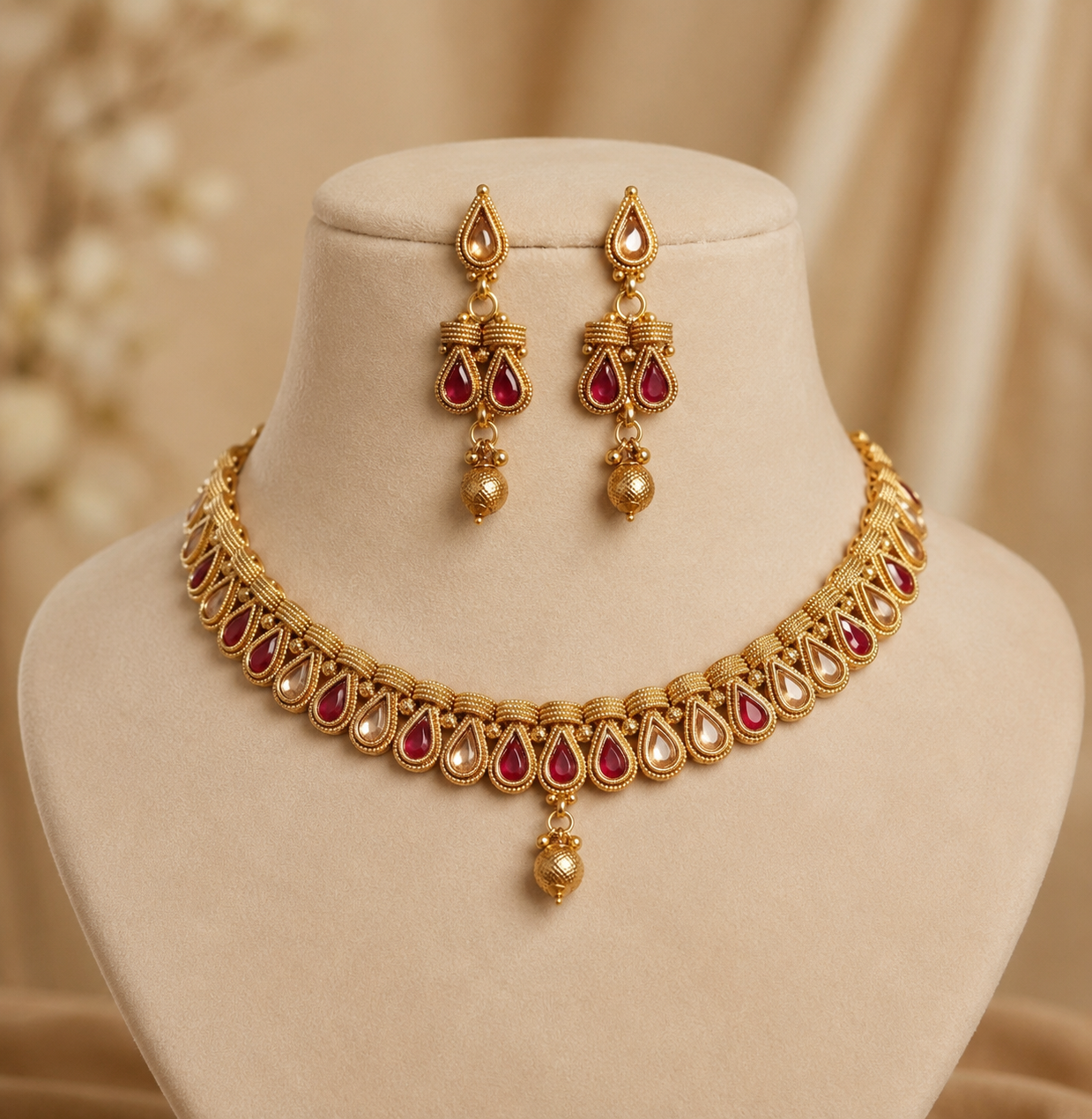 Pakistani Polki Necklace Set Traditional Indian Bridal Jewelry with Earrings