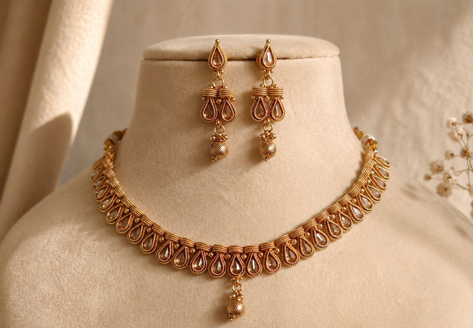 Safiyyah Indian Pakistani Polki Bridal Jewelry Set Wedding Necklace Earrings for Women Gold Plated