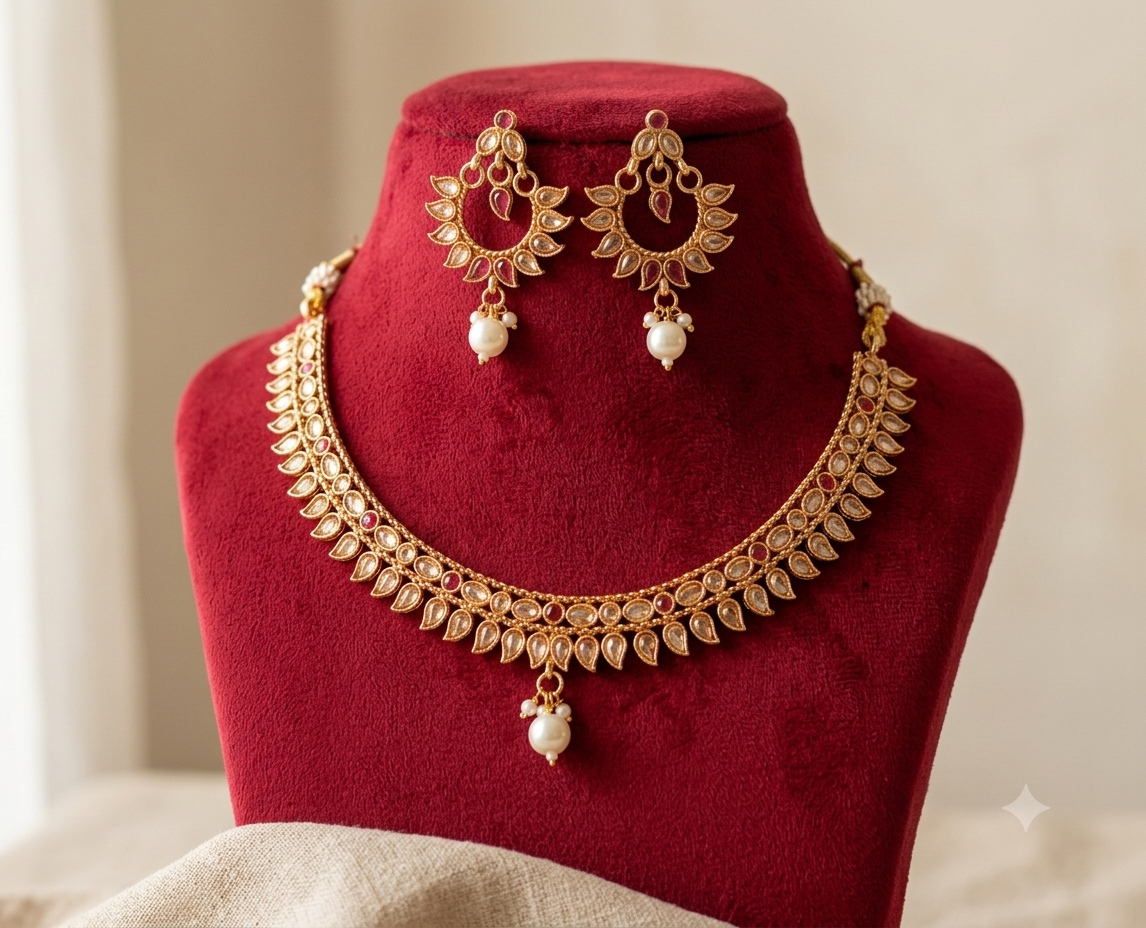 Amina Indian Pakistani Polki Bridal Jewelry Set Wedding Necklace Earrings for Women Gold Plated