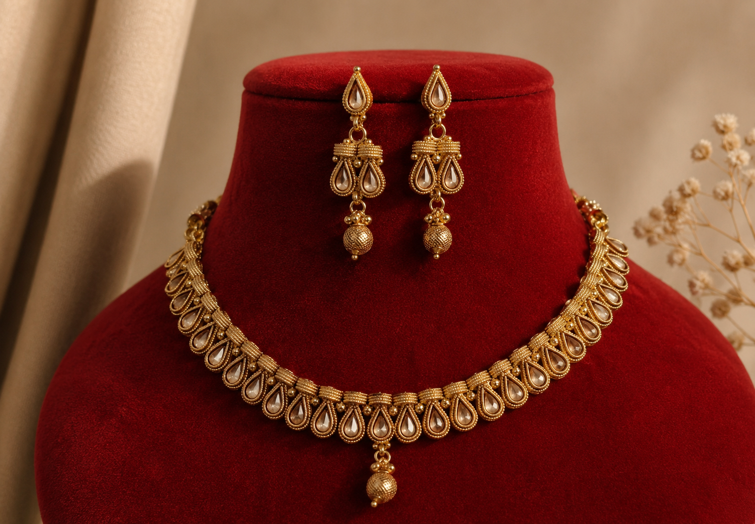 Safiyyah Indian Pakistani Polki Bridal Jewelry Set Wedding Necklace Earrings for Women Gold Plated