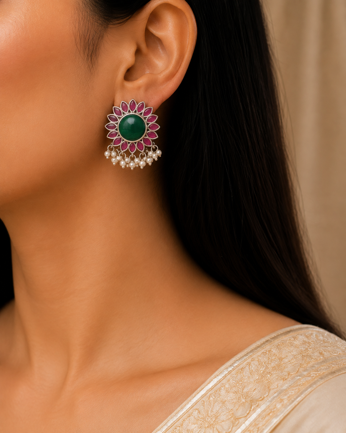 Blooming Lotus Oxidized Floral Kundan Earrings with Green Center Stone Roz Jewellers.
