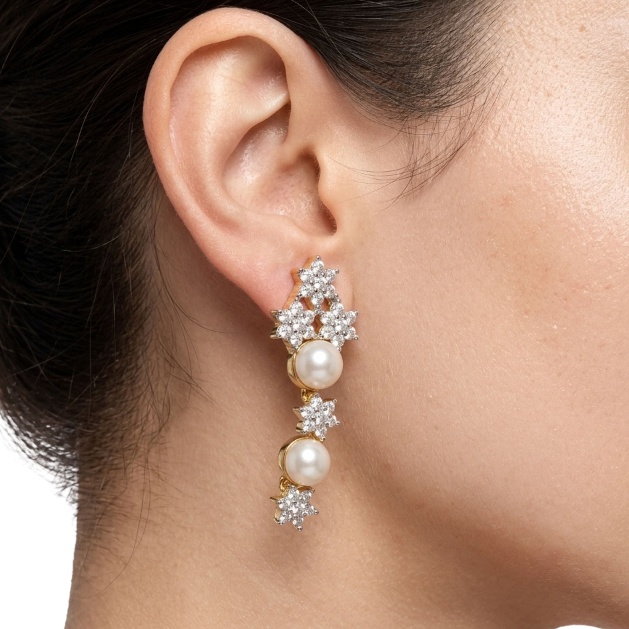 White Pearl & CZ Necklace Set | Gold Plated Festive Jewellery | Roz Jewellers