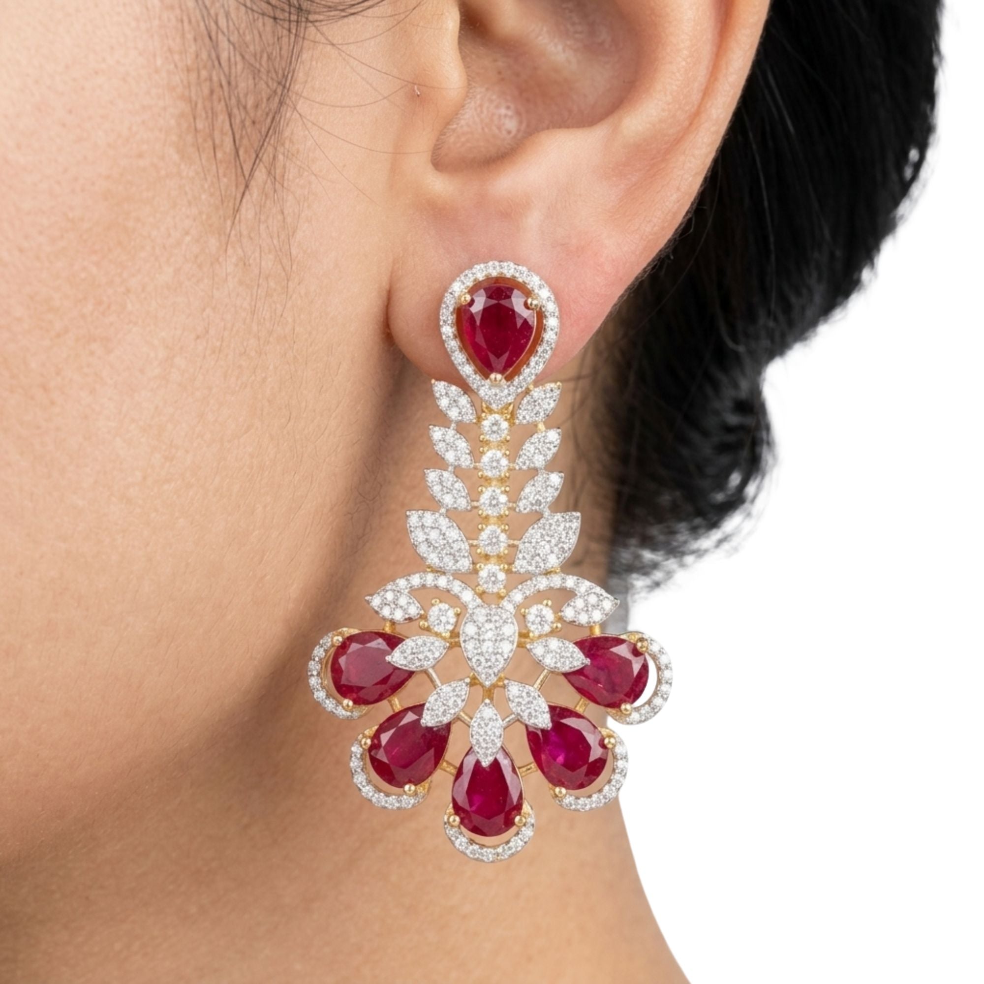 Ruby Red & CZ Crystal Bridal Necklace Set with Statement Earrings | Gold-Plated Brass | Indian Wedding, Reception & Festive Jewellery | Roz Jewellers