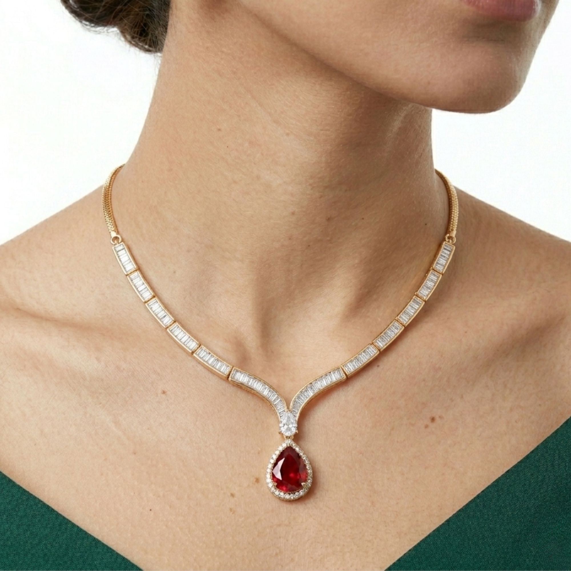Indian Ruby Stone Necklace & Earrings Set | Gold Tone Bridal Jewellery | Roz Jewellers