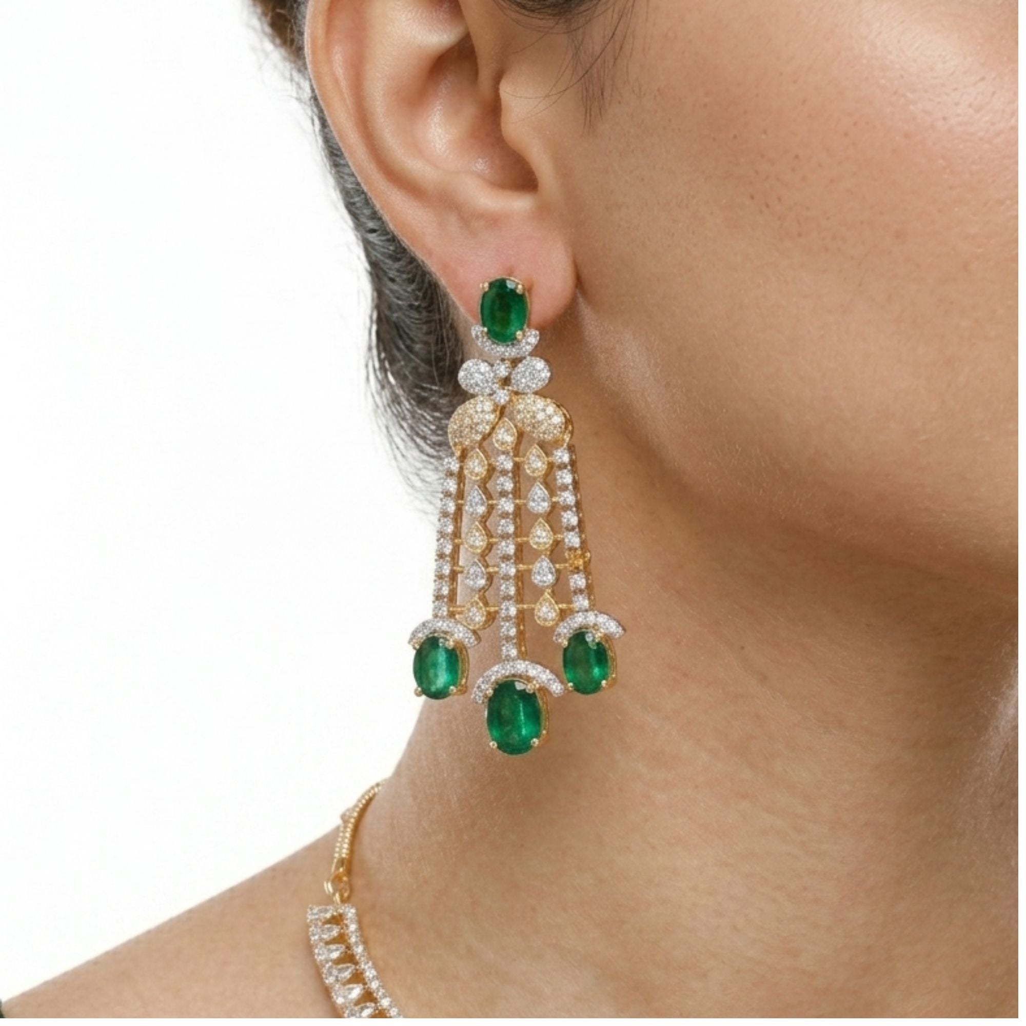 Emerald Green & CZ Long Necklace Set | Gold Plated Bridal Jewellery | Roz Jewellers