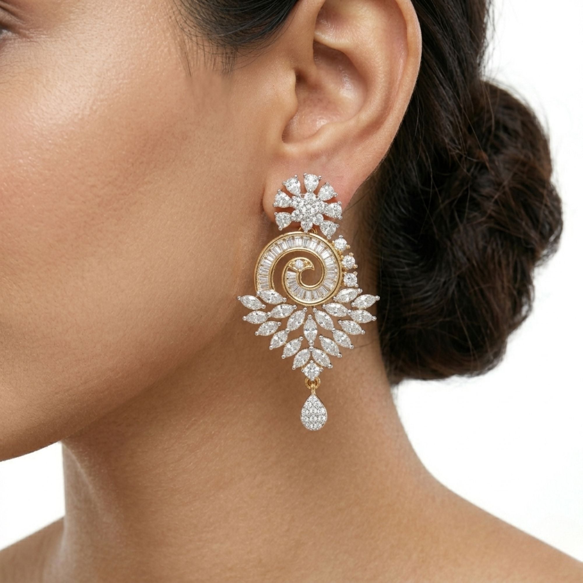 Gold-Plated Cubic Zirconia Necklace & Earrings Set | American Diamond Statement Jewellery | Brass | Ethnic & Party Wear | Roz Jewellers