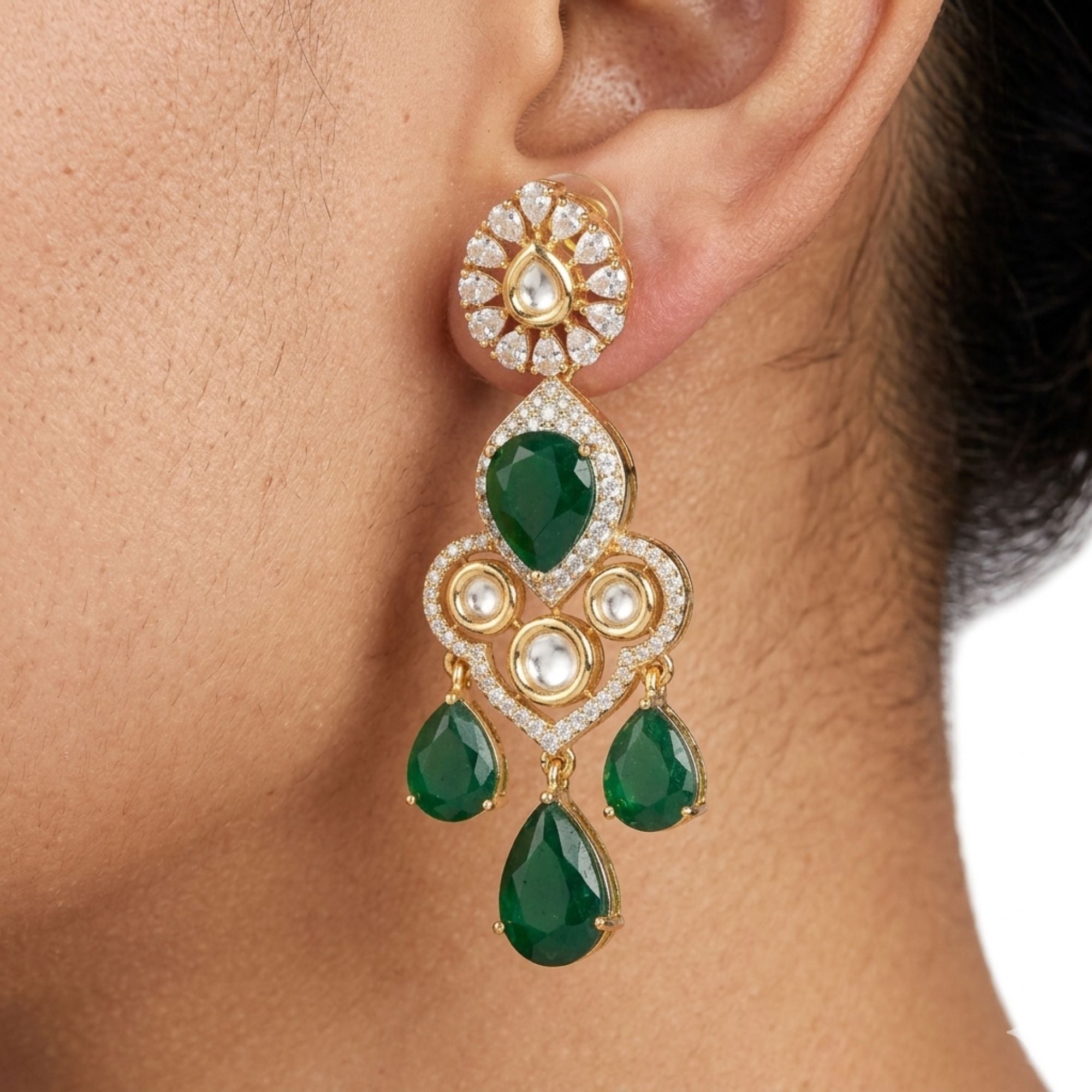 Bollywood Emerald Green & CZ Bridal Necklace Set | Gold-Plated Brass | American Diamond Halo | Indian Wedding & Festive Jewellery | Roz Jewellers