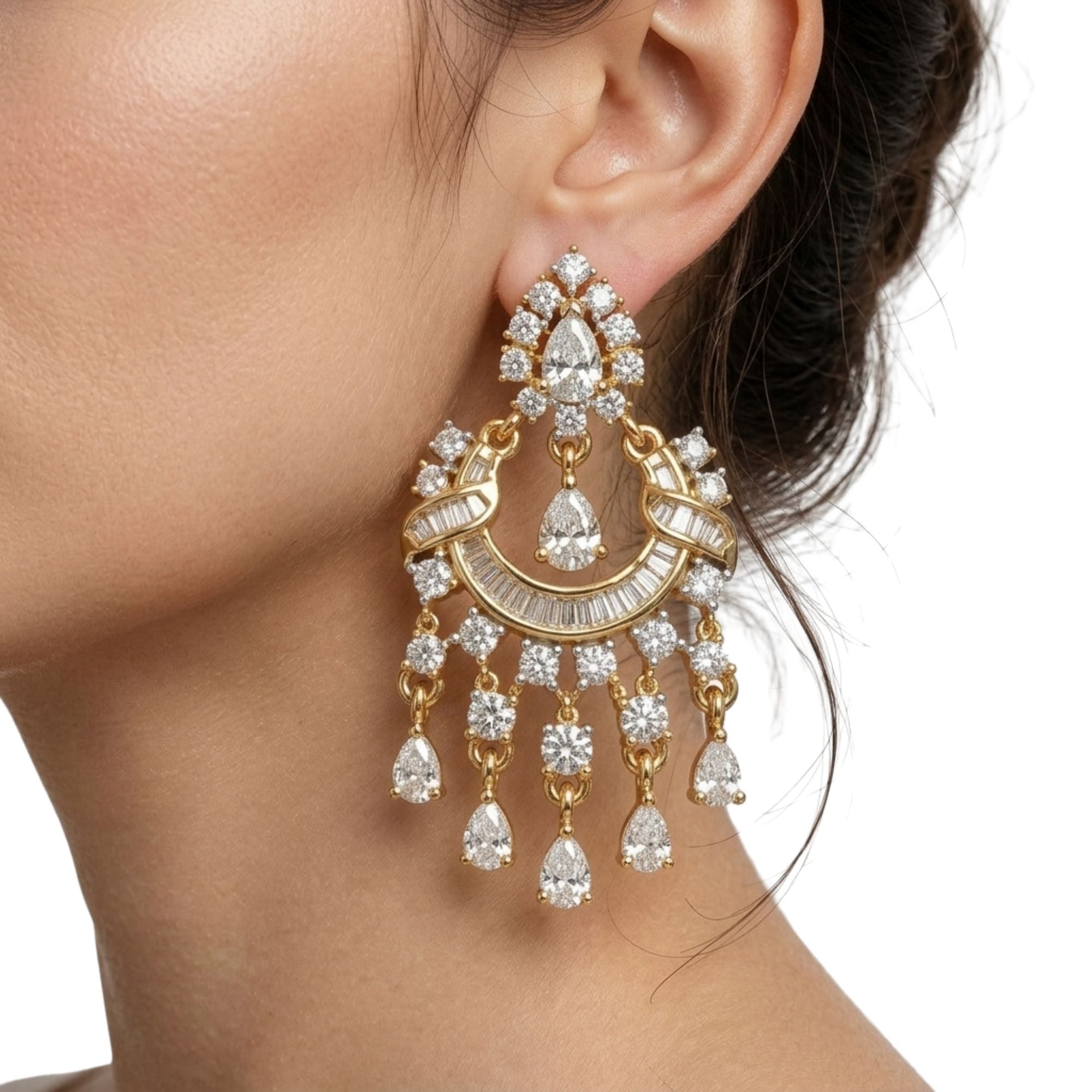 Gold-Plated Diamond Look CZ Necklace & Earrings Set | American Diamond Bridal & Party Wear | Brass | Long Statement Ethnic Jewellery | Roz Jewellers