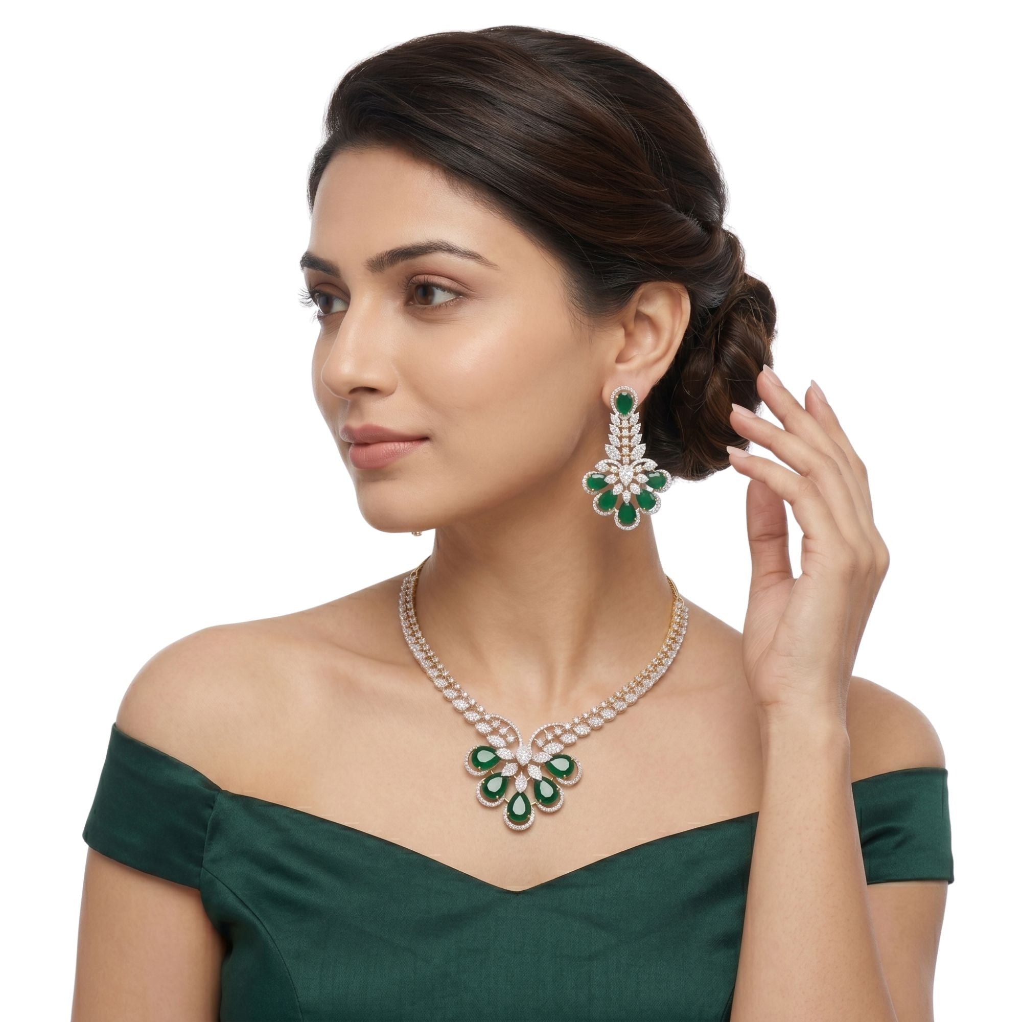 Royal Emerald Green & CZ Bridal Necklace Set | Gold Plated Teardrop Jewellery | Roz Jewellers