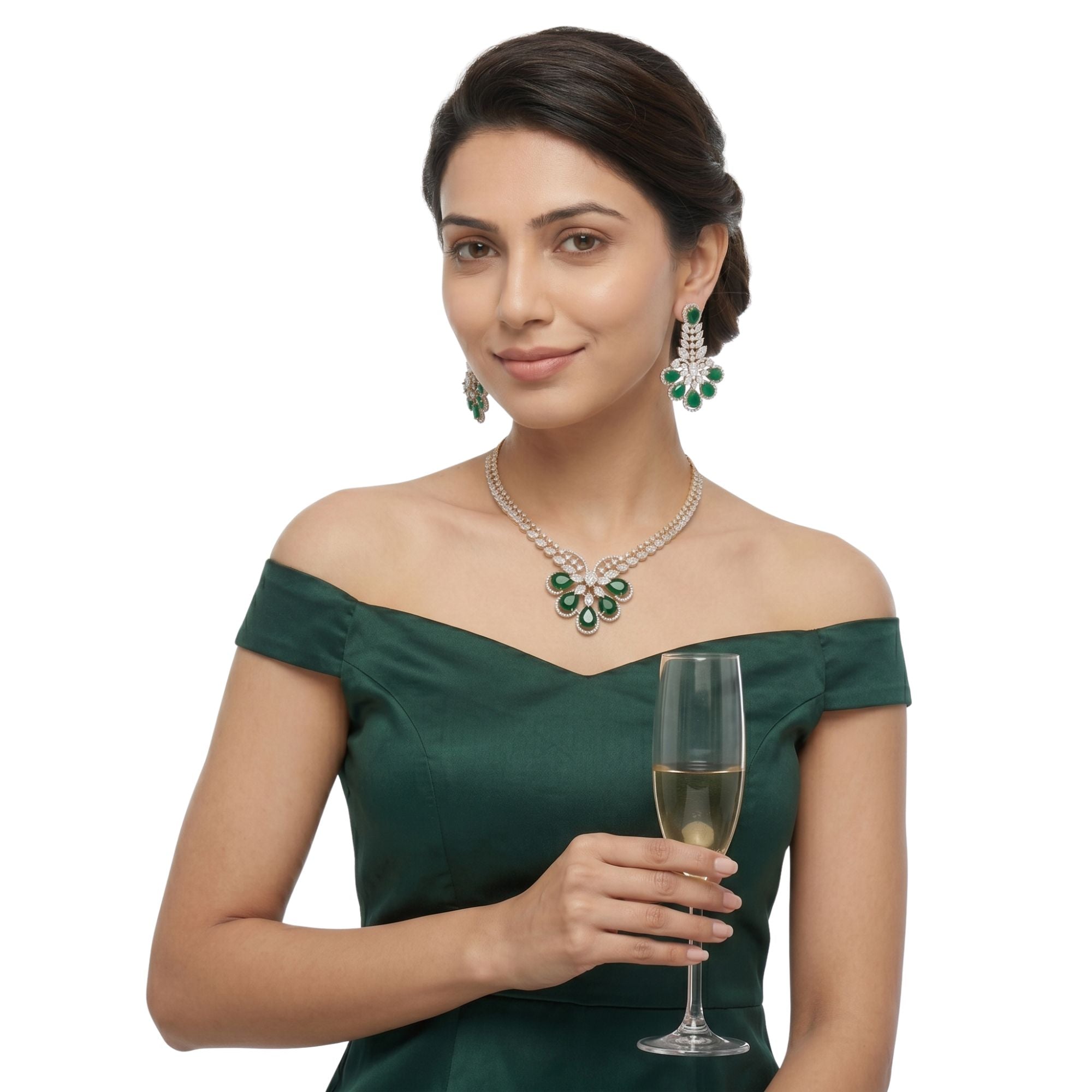 Royal Emerald Green & CZ Bridal Necklace Set | Gold Plated Teardrop Jewellery | Roz Jewellers
