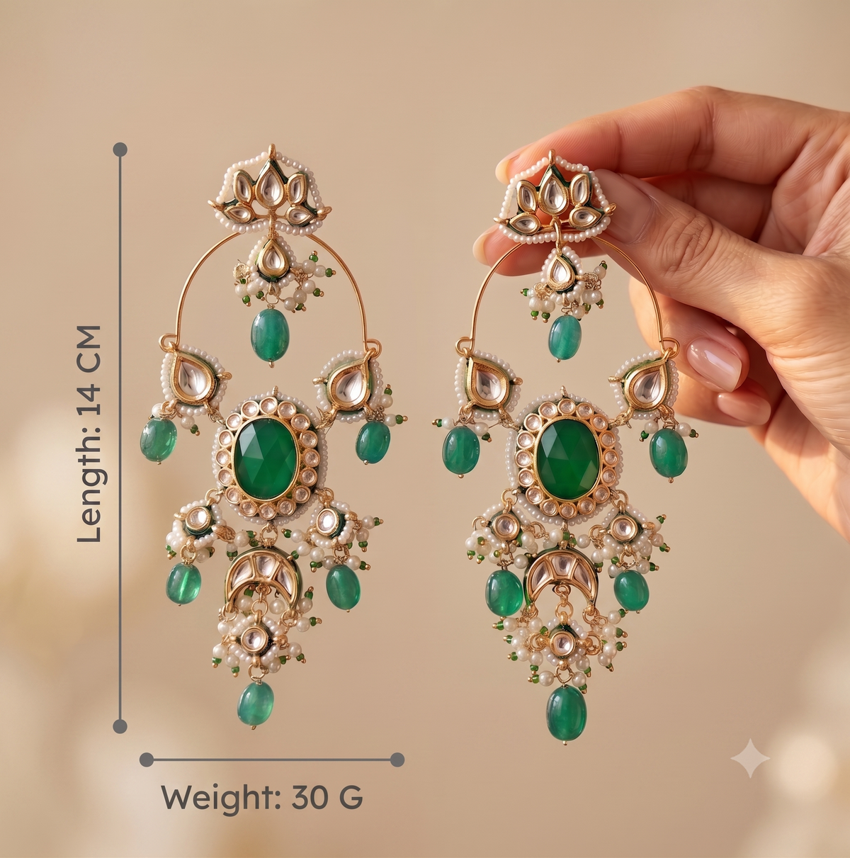 Luxury Emerald Green Chandbali Earrings Kundan Bridal Ethnic Statement Jewellery Roz Jewellers.