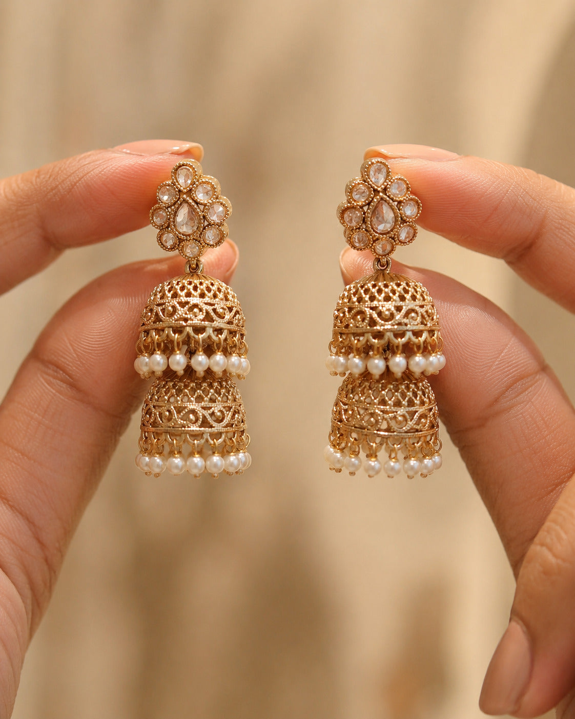 Rehnuma Double Layer Pearl Jhumka Earrings with Polki Inspired Stone Roz Jeweller
