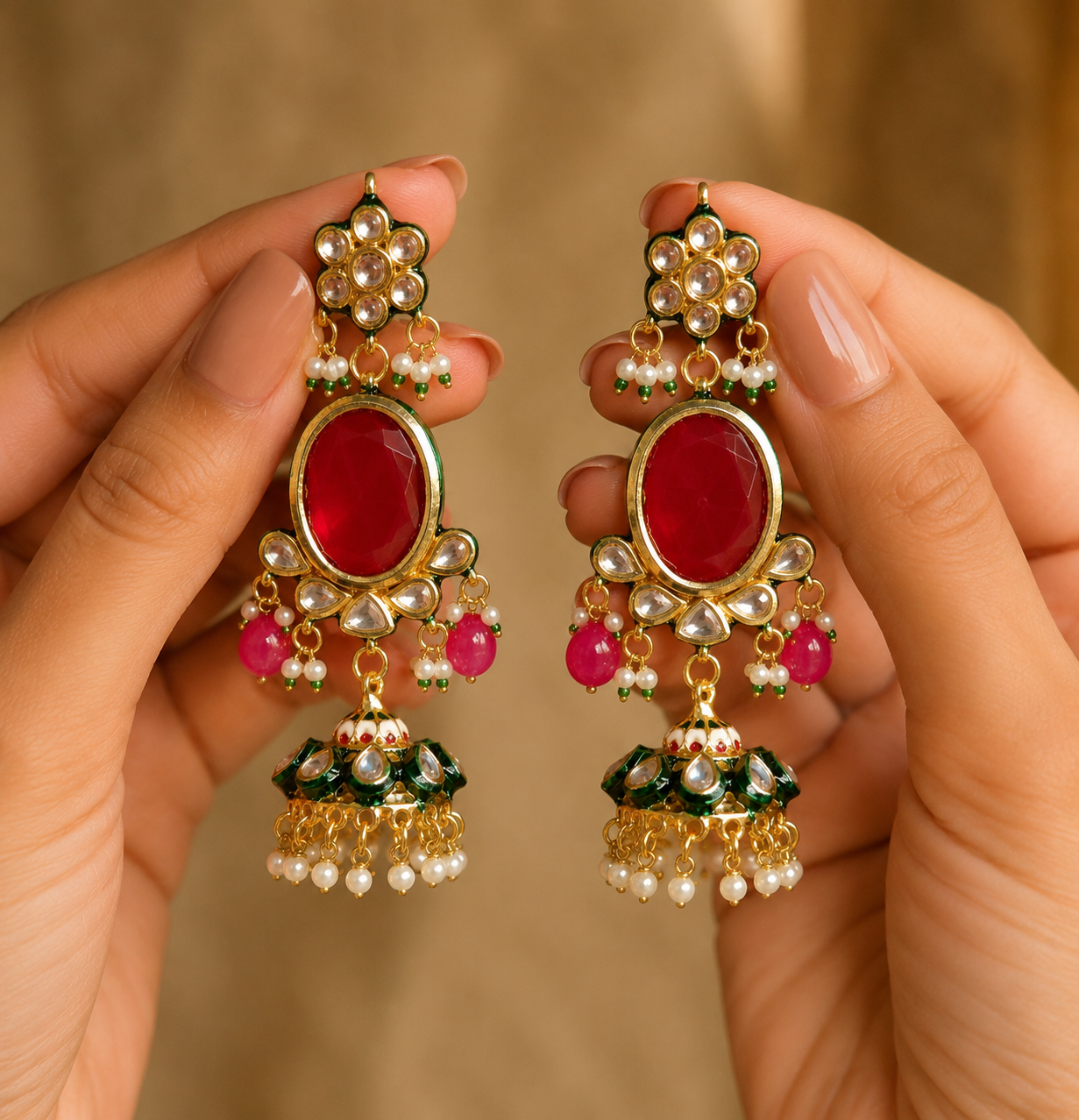 Royal Oval Red Stone and Kundan Jhumka Earrings for Women Roz Jewellers