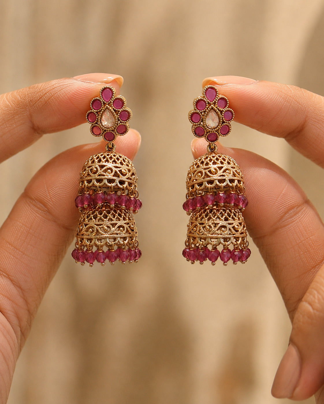 Polki Dual Layer Gold Tone Jhumka Earrings with Ruby Pink Stones Crystal Roz Jewellers