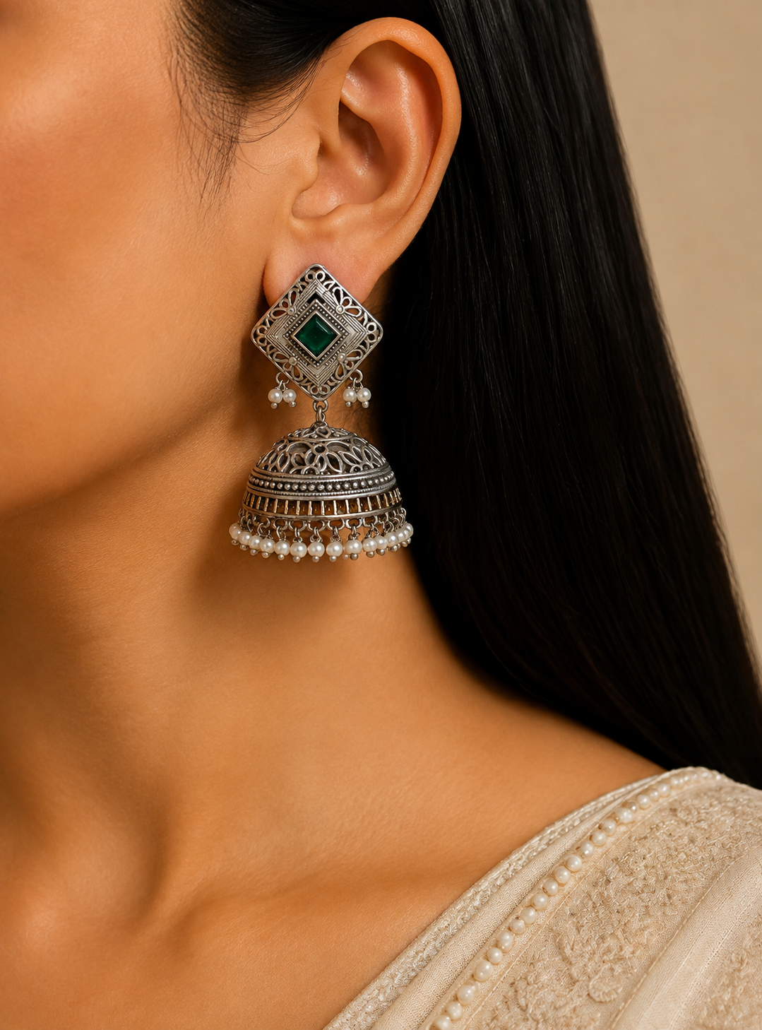 Zakiya Handcrafted Silver Kundan Jhumka Earrings with Green Square Stone Roz Jeweller.