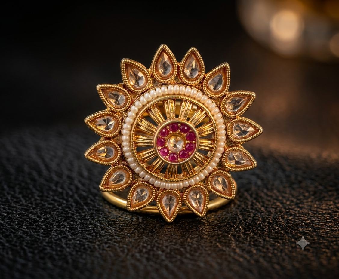 Tarannum Royal Ruby Sunburst Polki Statement Adjustable Ring Roz Jewellers.