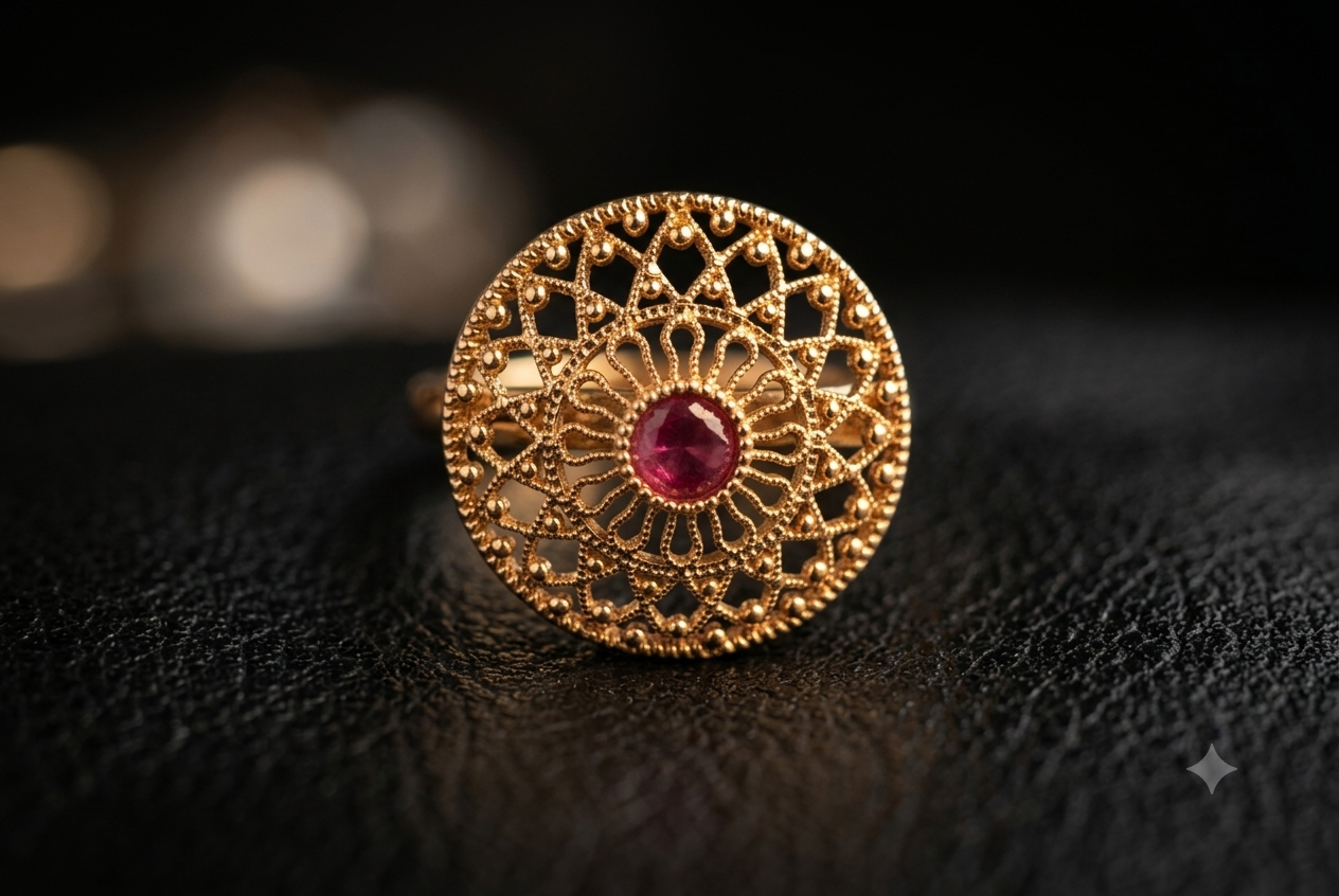 Madhubala Handcrafted Ruby Filigree Polki Gold Ring Roz Jewellers.