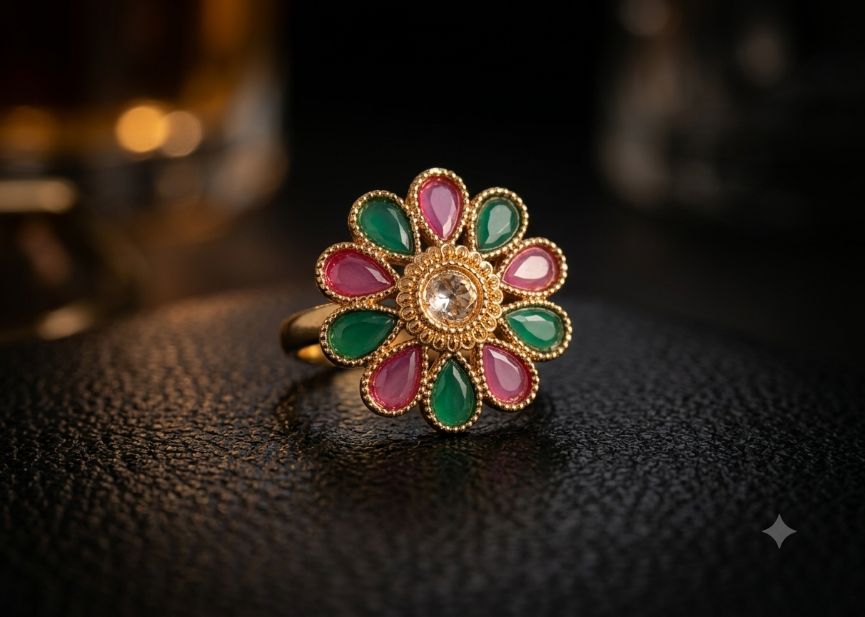 Fatima Luxury Emerald Floral Polki Ring Roz Jewellers.
