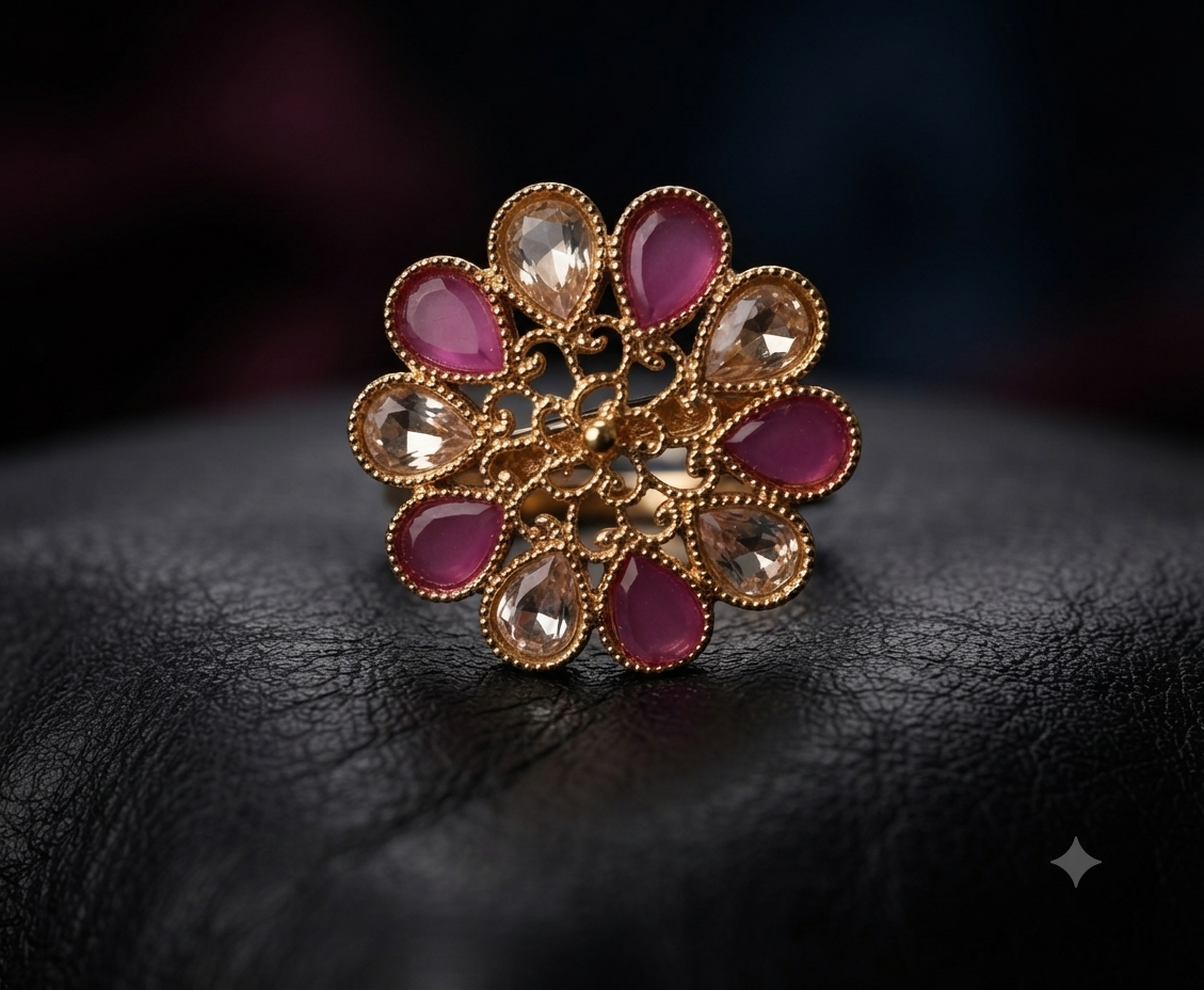 Mahnoor Ruby Pink Polki Floral Cocktail Ring Roz Jewellers