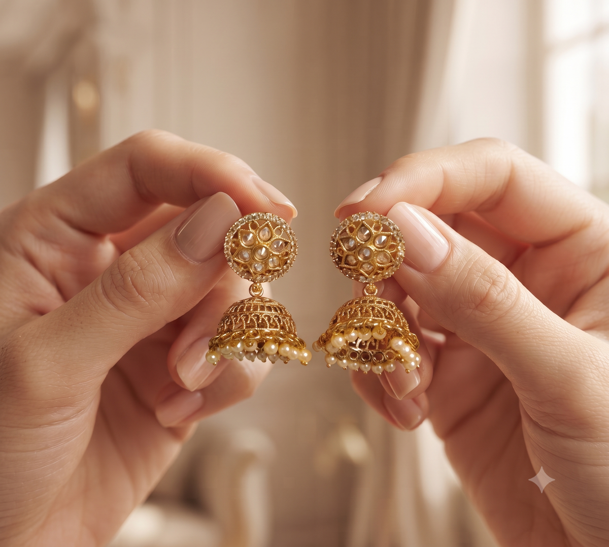 Traditional Gold Filigree Polki Jhumkas with Pearl Drops Roz Jewellers.